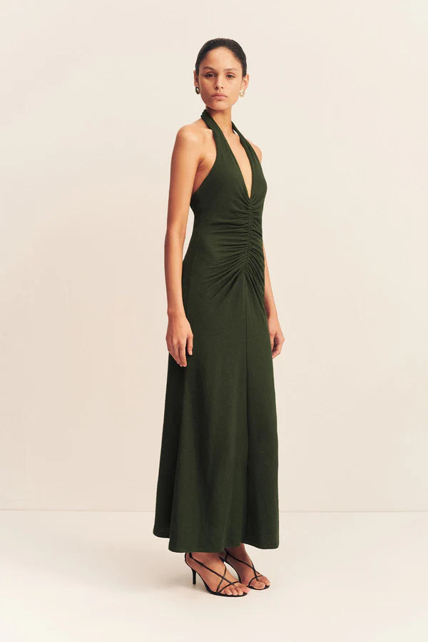 Beau Halter Ruched Midi Dress in Army Green - Elegant Bodycon Dress for Women, Perfect for Date Night, Cocktail Parties & Special Occasions