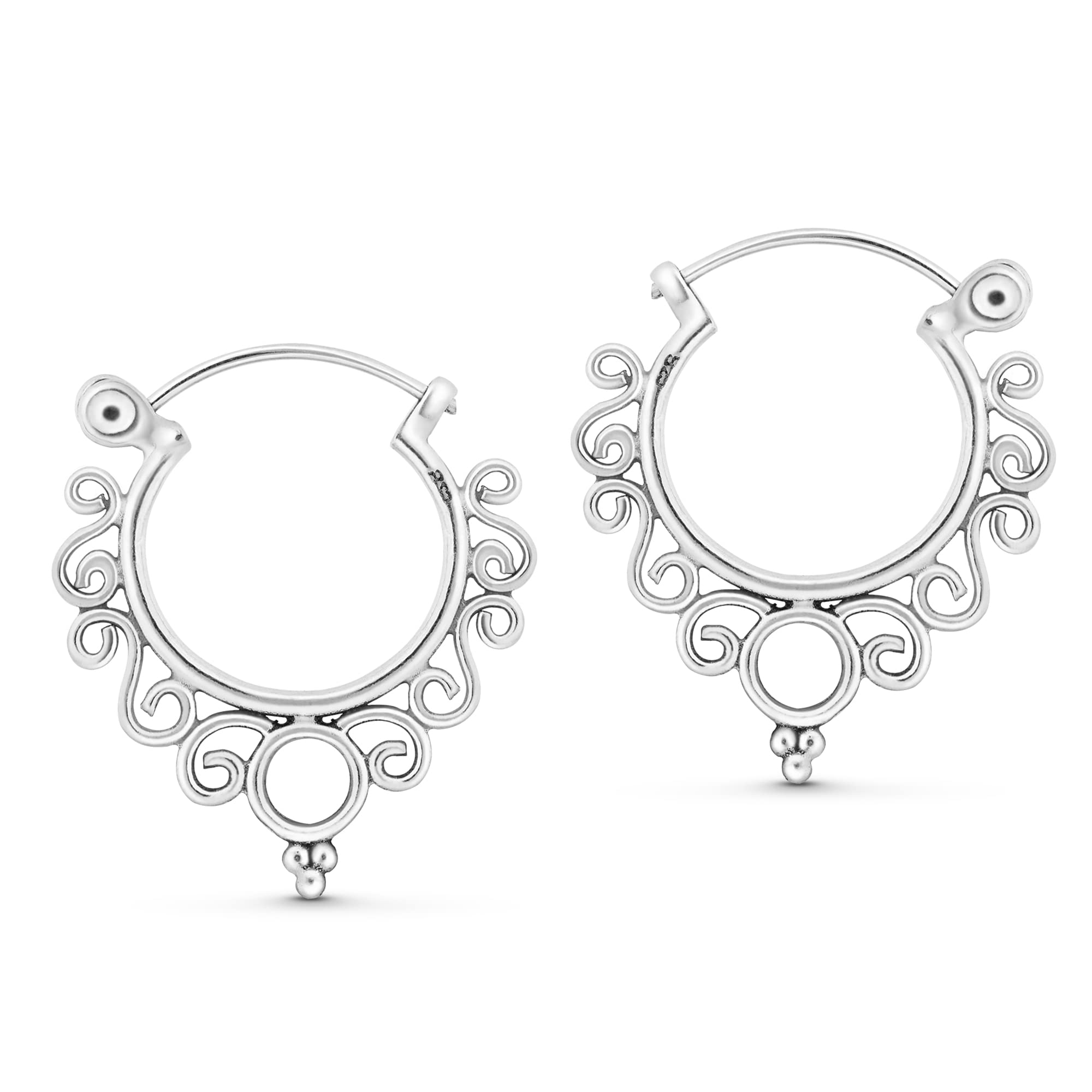 Chic Retro Tribal Mandala Filigree .925 Sterling Silver Bali-Style Hoop Earrings for Women | Handcrafted Silver Jewelry | Perfect for Boho Fashion, Festivals & Everyday Wear