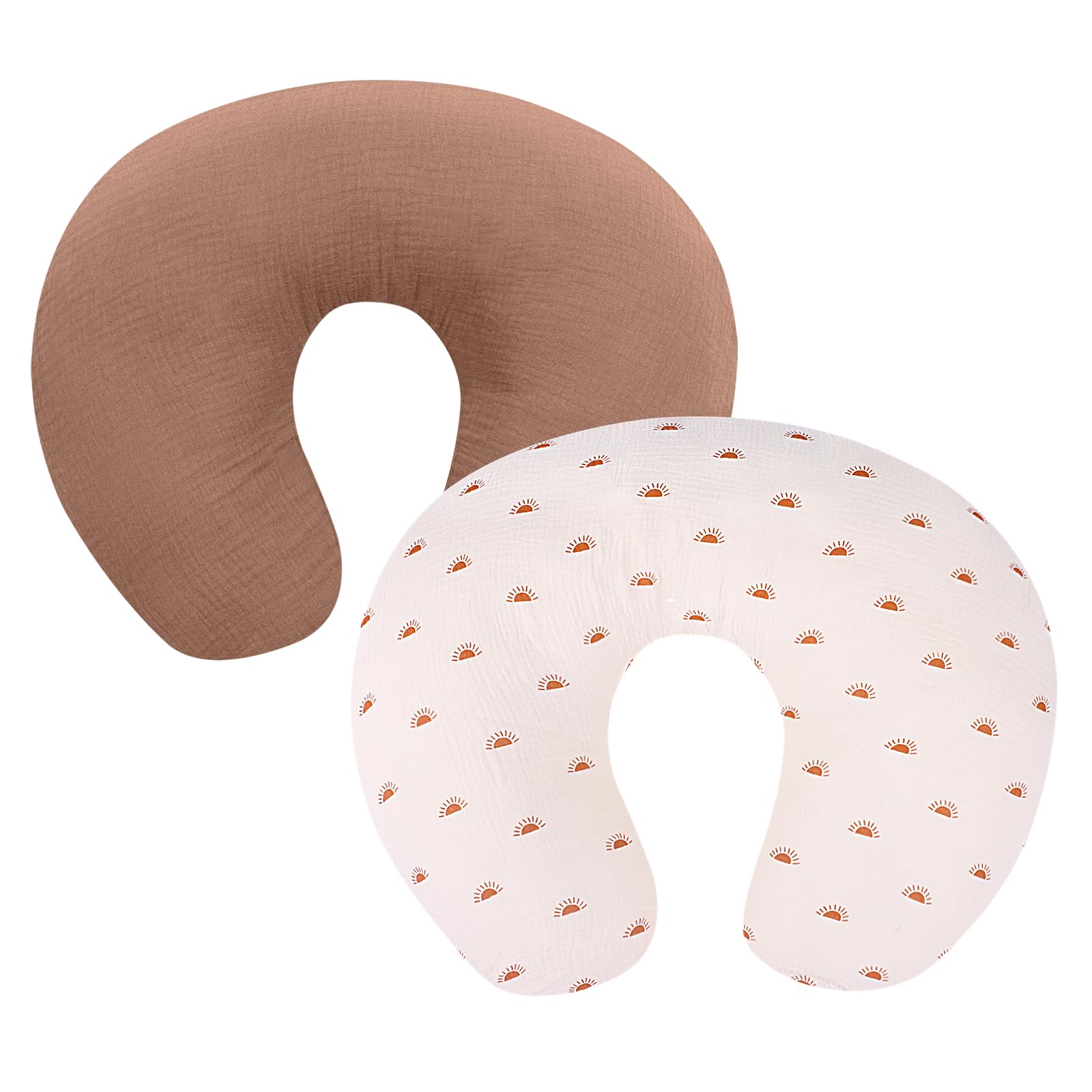 Winmany 2 Pack Muslin Nursing Pillow Covers - Soft Cotton Breastfeeding Pillow Slipcovers for Newborns - Baby Shower Gift for Boys & Girls (Light Brown + Sun) - Perfect for Nursing, Feeding & Comfort at Home or Travel