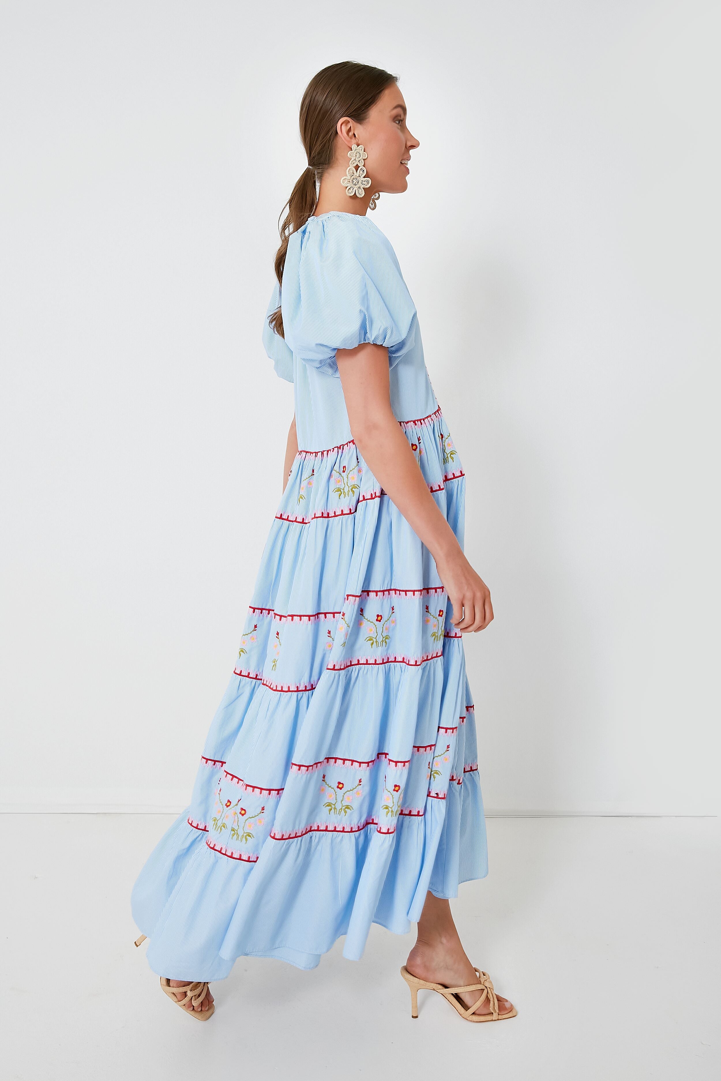 Blue Pinstripe Embroidered V-Neck Lillian Maxi Dress for Women | Elegant Floral Embroidered Summer Dress for Weddings, Parties & Beach Vacations