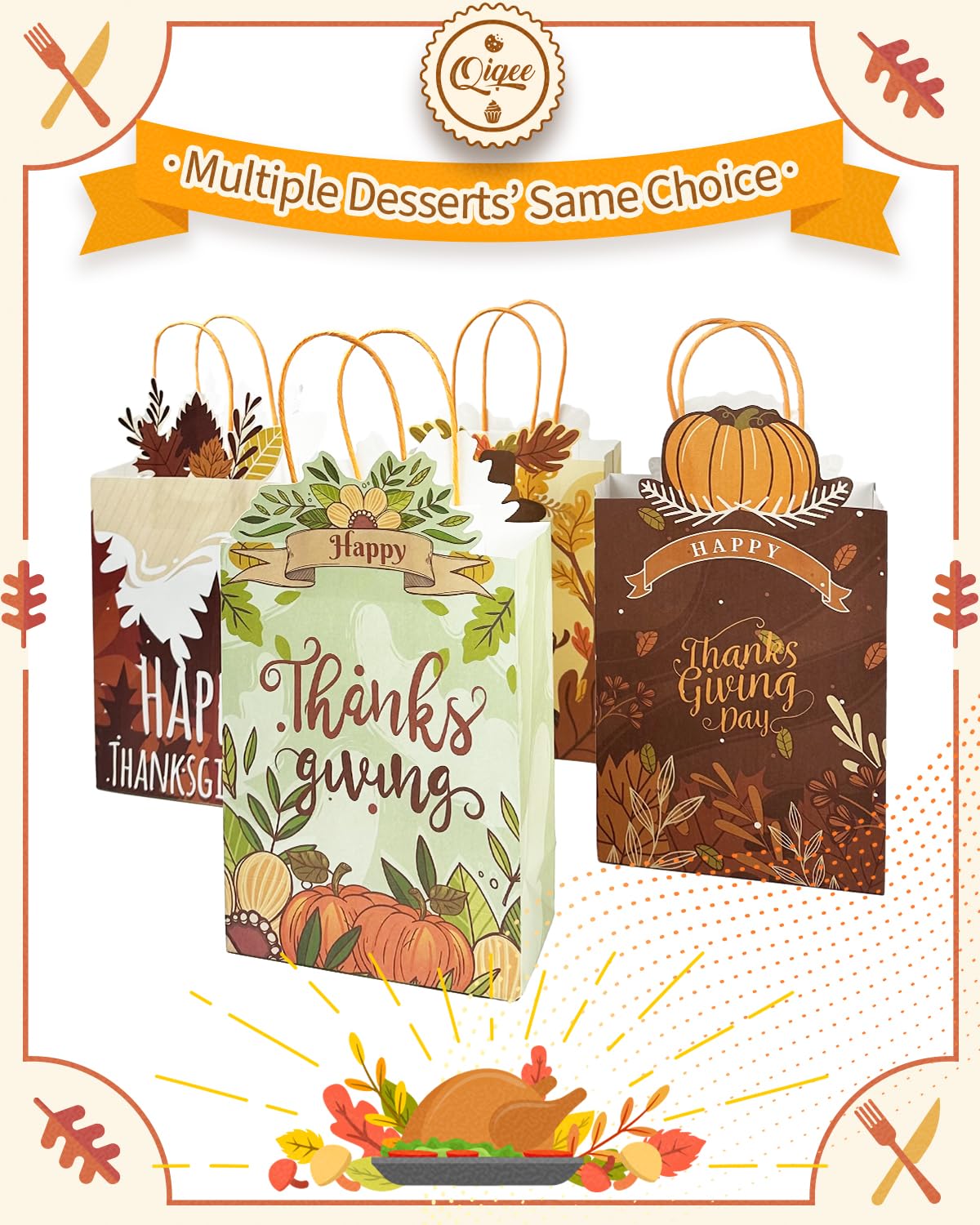 qiqee 24-Pack Thanksgiving Paper Gift Bags with Handles - 8.26×6×3.15 Inch Small Pumpkin Themed Gift Bags for Party Favors, Holiday Treats & Gift Wrapping (Bulk Pack)