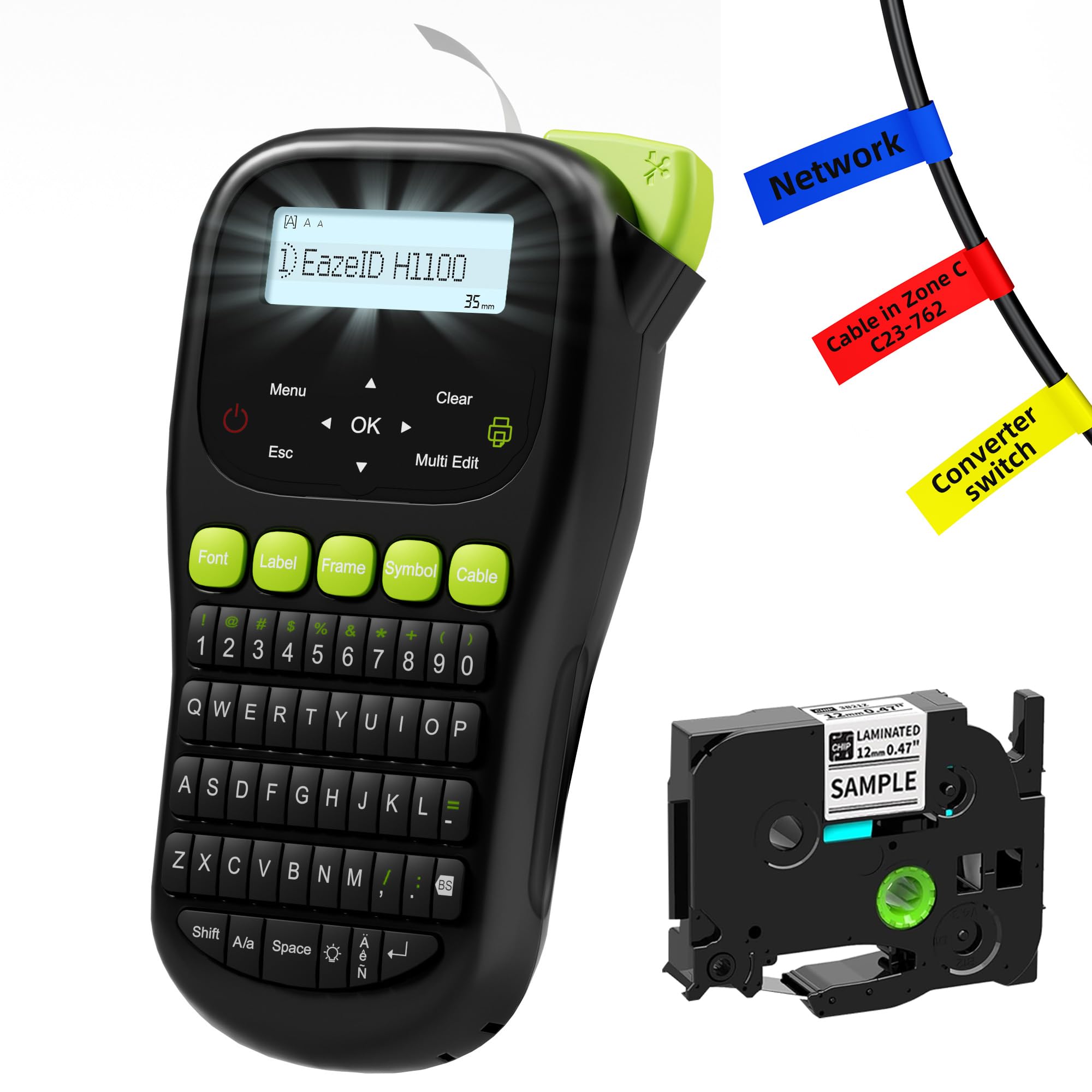 EazelD H1100 Industrial Label Maker - Portable Handheld Label Printer with Keyboard & Backlit LCD Screen for Cable, Wire, Office & Home Organization - Perfect for Electrical Panels, Network Cables & Storage Bins