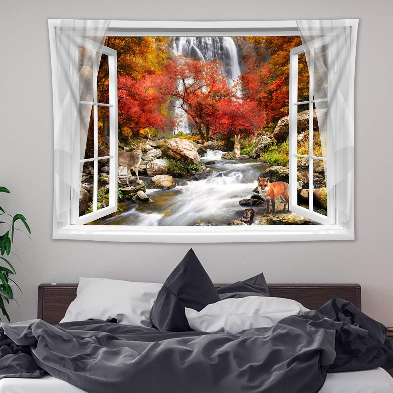 HVEST Autumn Forest Tapestry Wall Hanging - Fox Deer Maple Tree Waterfall Scenery, 60x40 Inches, Perfect for Bedroom, Living Room, Party, Dorm, and Outdoor Decor