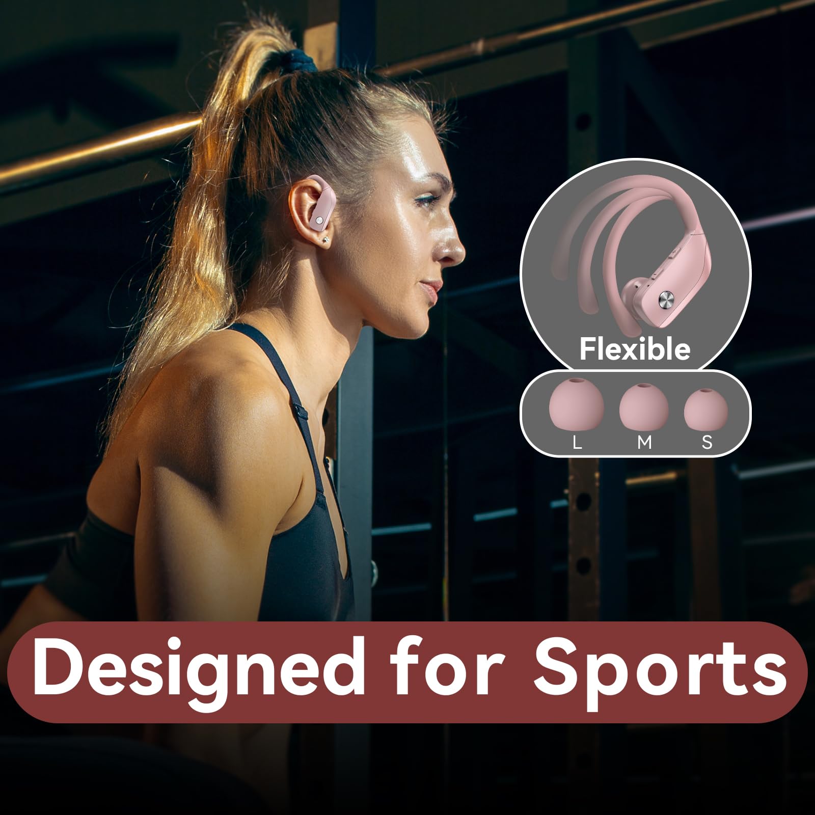 Bmani Wireless Bluetooth Earbuds with LED Display - 48H Playtime, Built-in Mic, Secure Earhooks - Perfect for Workouts, Running & Gym - Pink Sports Headphones