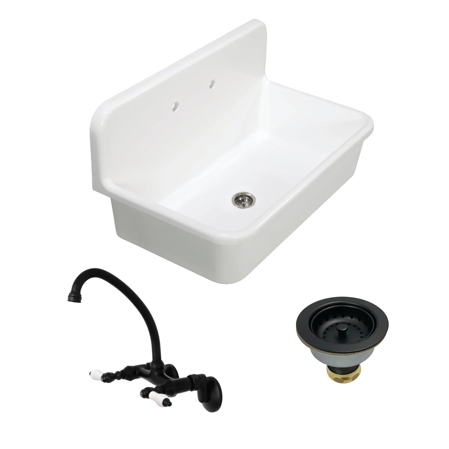 Arcticstone 36 Inch White Stone Composite Top Mount Single Bowl Kitchen Sink with Matte Black Wall Mount Bridge Faucet & Basket Strainer - Perfect for Modern Farmhouse, RV, and Apartment Kitchens