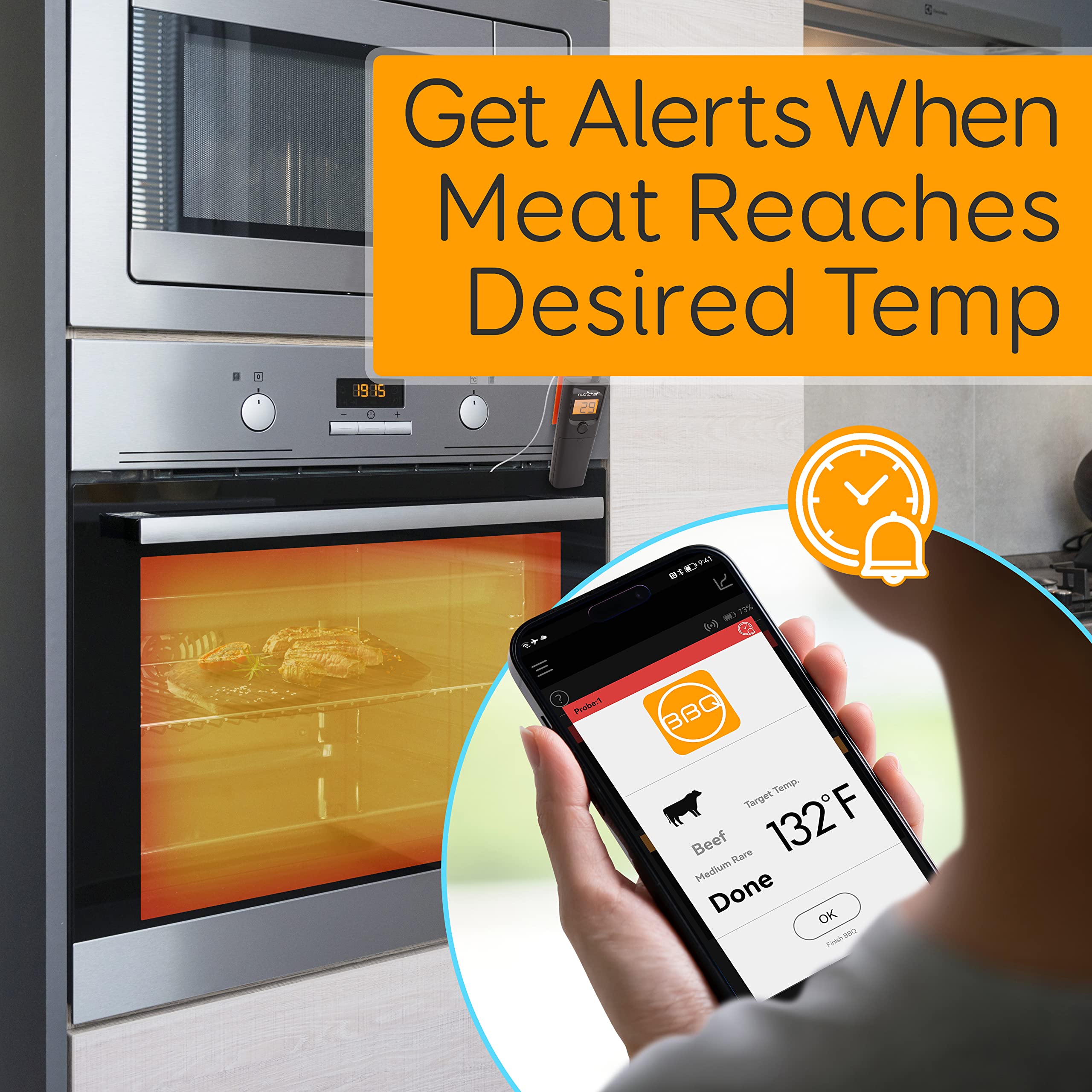 NutriChef Bluetooth Grill BBQ Meat Thermometer - Wireless Digital Cooking Thermometer with 150 ft Range, Timer & Alarm for Smoker, Oven, Kitchen - Perfect for Grilling, Smoking, Roasting & Baking