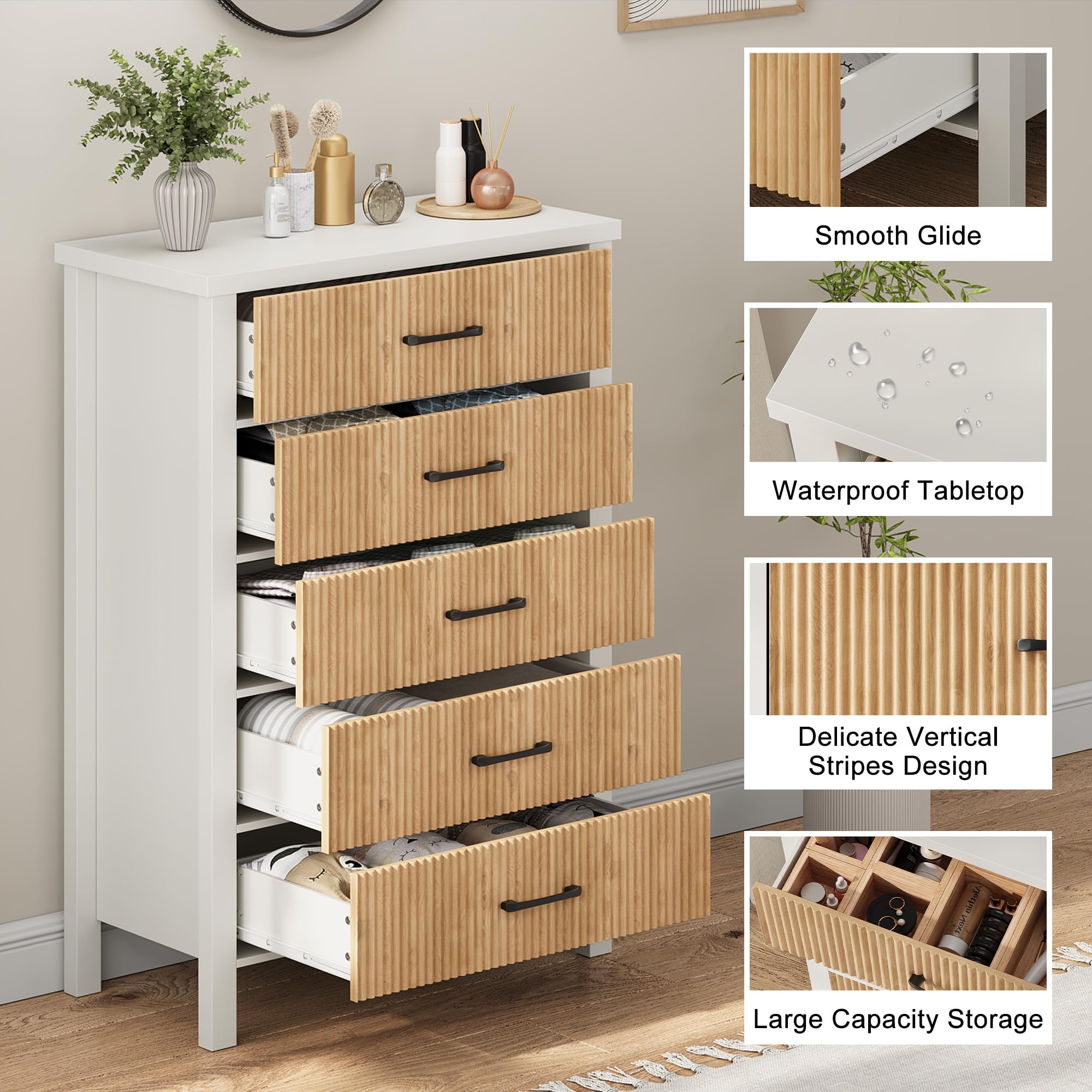 Modern White 5-Drawer Dresser for Bedroom - Solid Wood Legs, Fluted Design Tall Chest of Drawers - Large Wooden Storage for Clothes, Bedding & Accessories | Perfect for Bedroom, Living Room, Entryway & Hallway Organization