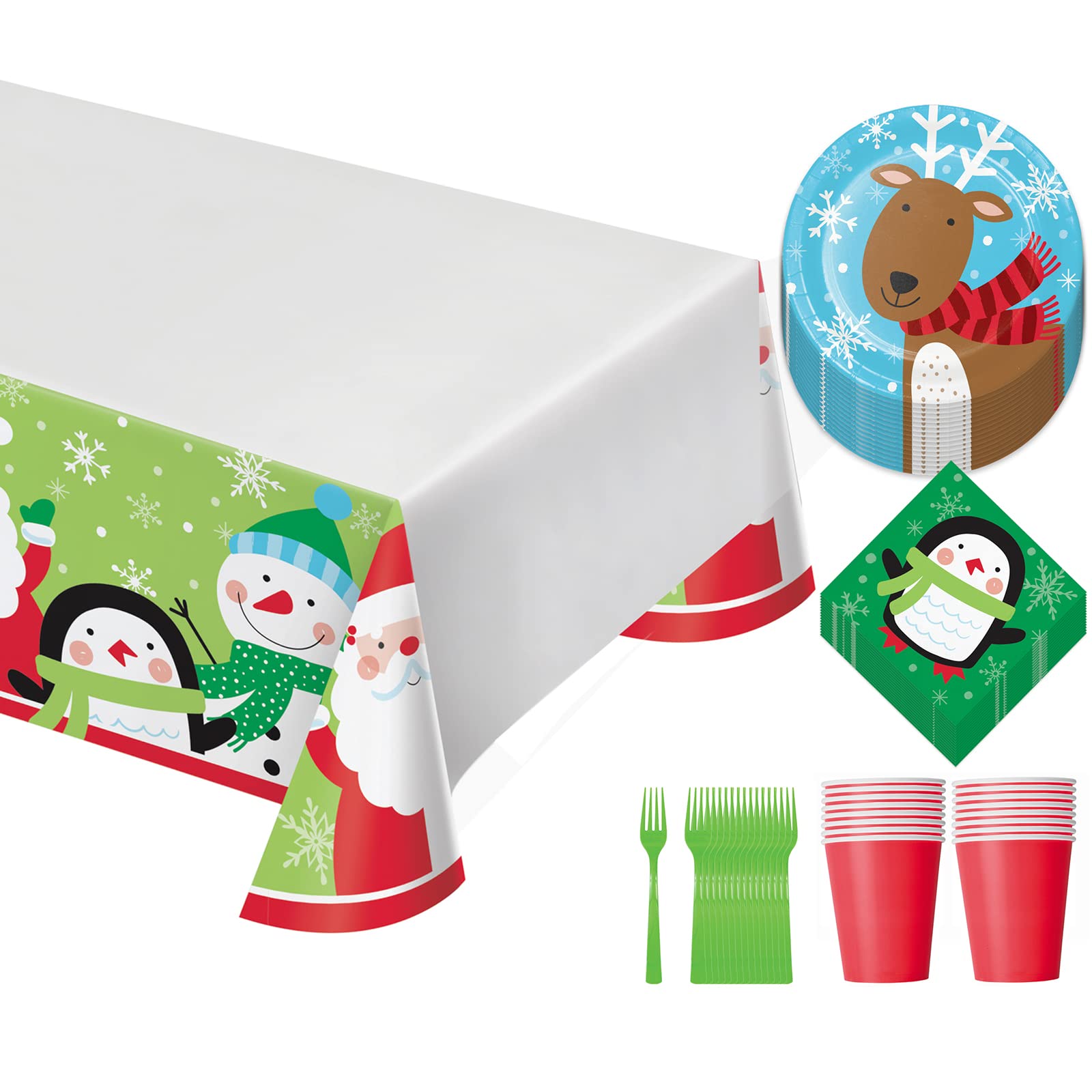 Holiday Christmas Party Paper Plates, Napkins, Forks, Cups & Table Cover Set - 16-Piece Disposable Dinnerware for Winter Celebrations, Family Gatherings & Festive Decor