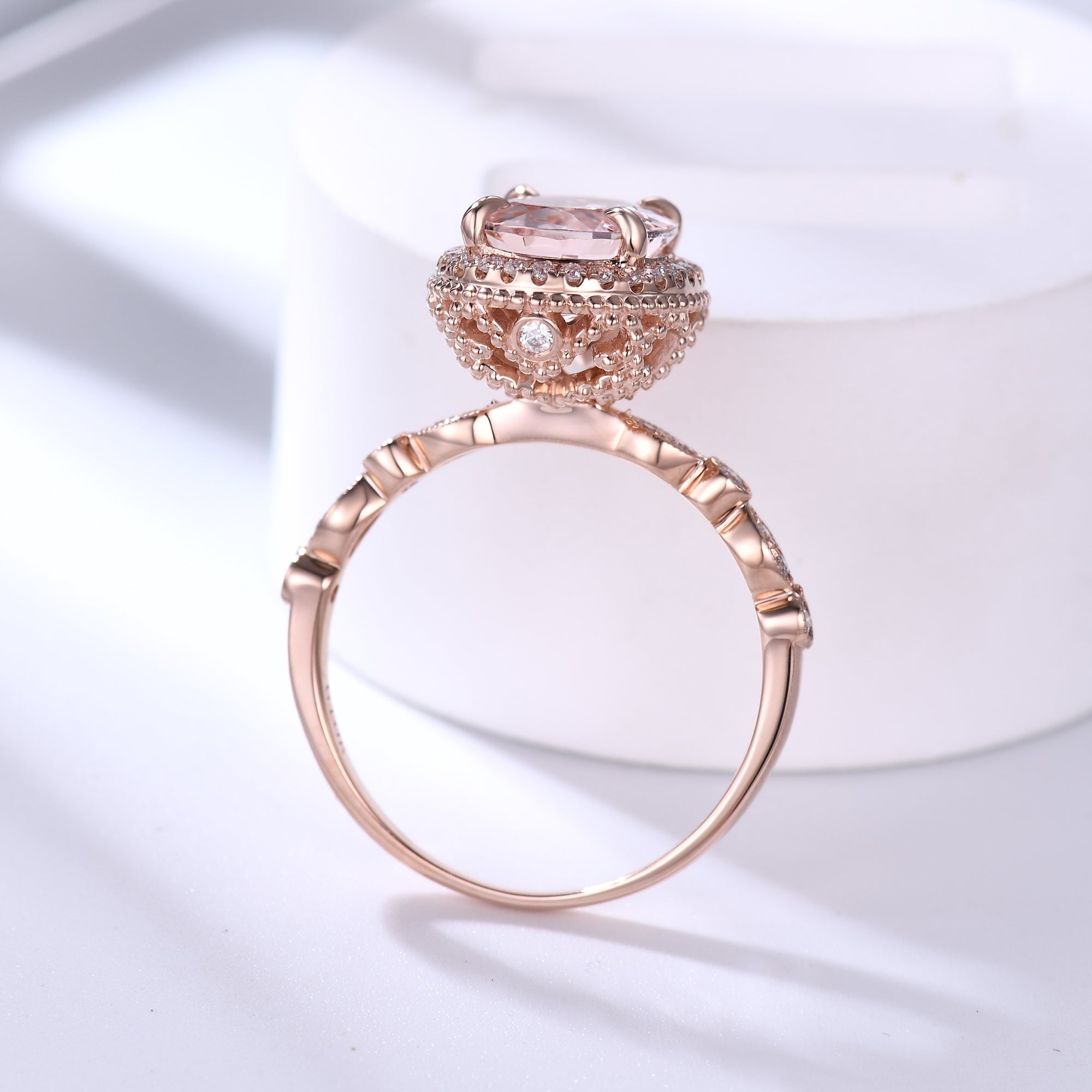 Vintage Peach Morganite Engagement Ring with Hidden Halo - 8x10mm Oval Cut Rose Gold Art Deco Style Ring for Wedding, Proposal & Anniversary Gifts