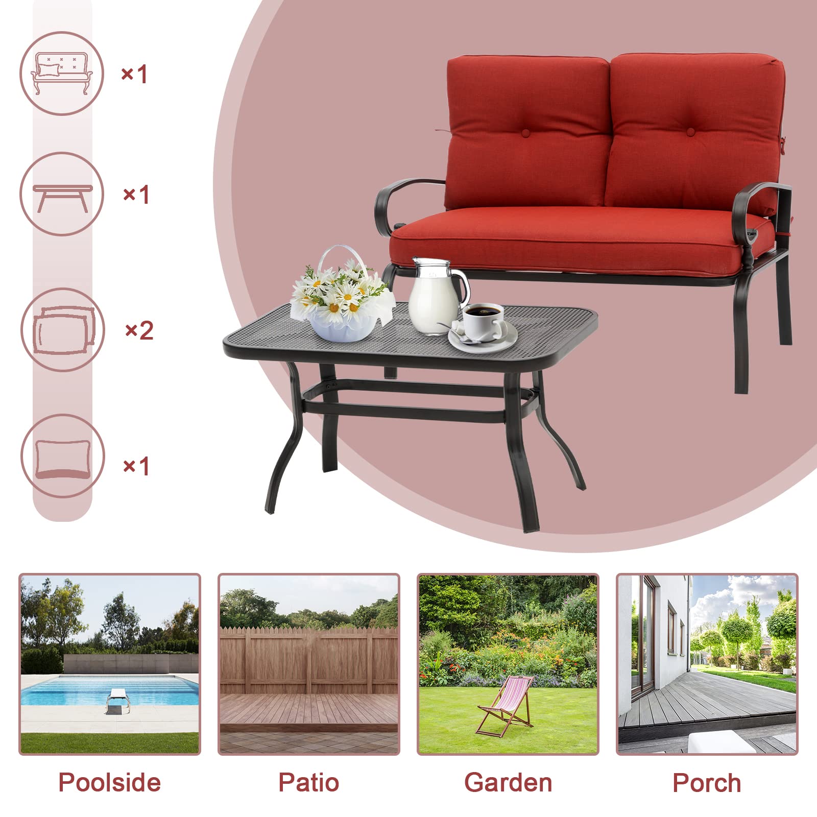 Incbruce 5-Piece Wrought Iron Patio Furniture Set - Outdoor Metal Conversation Set with Loveseat, Coffee Table, Bistro Table & 2 Spring Chairs (Includes Cushions, Red) - Perfect for Garden, Backyard, Poolside & Patio Relaxation