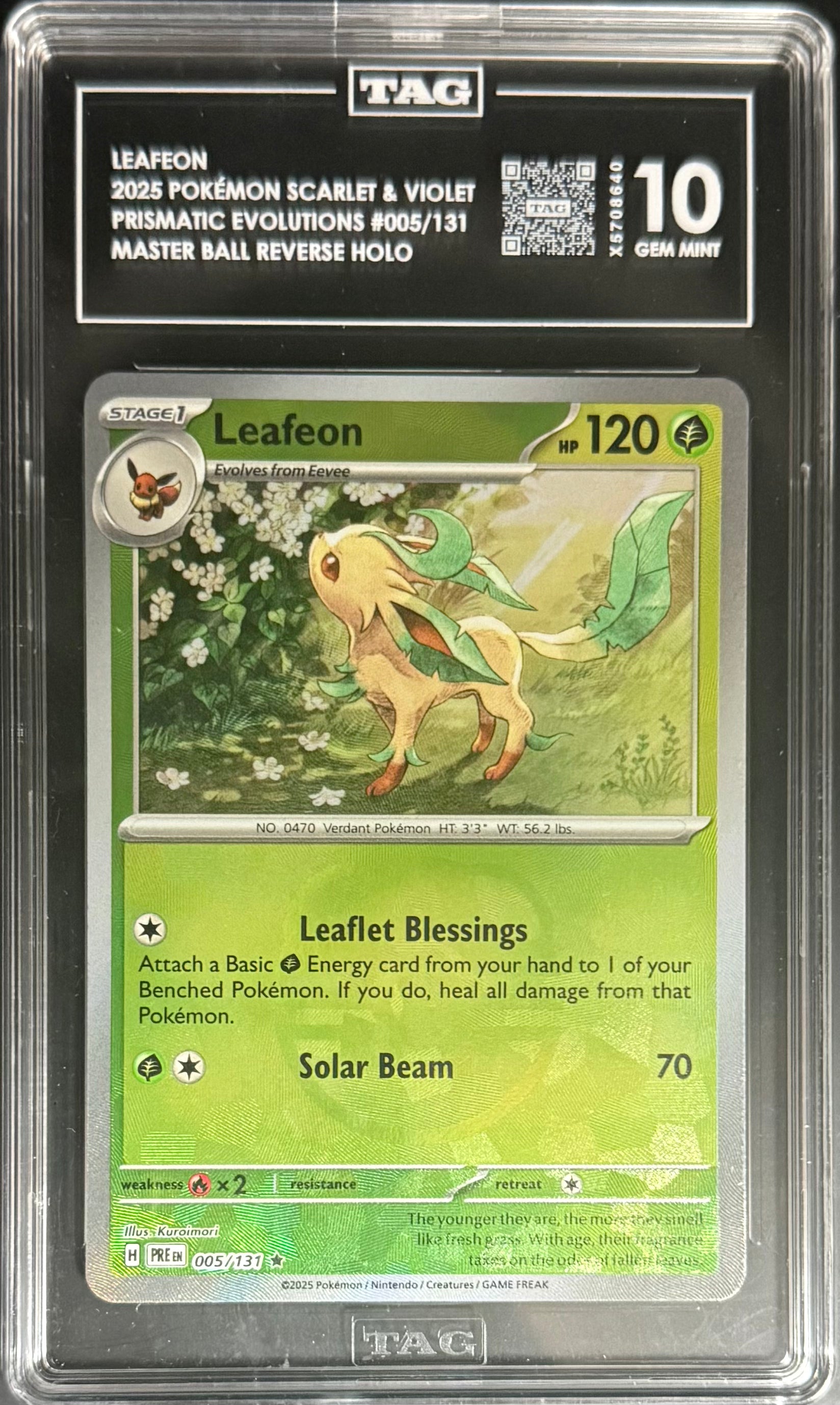 Pokemon Leafeon 005/131 Masterball Reverse Holo Card - Scarlet & Violet Prismatic Evolutions 2025 (TAG10) | Rare Collectible Trading Card for Pokemon TCG Players & Collectors