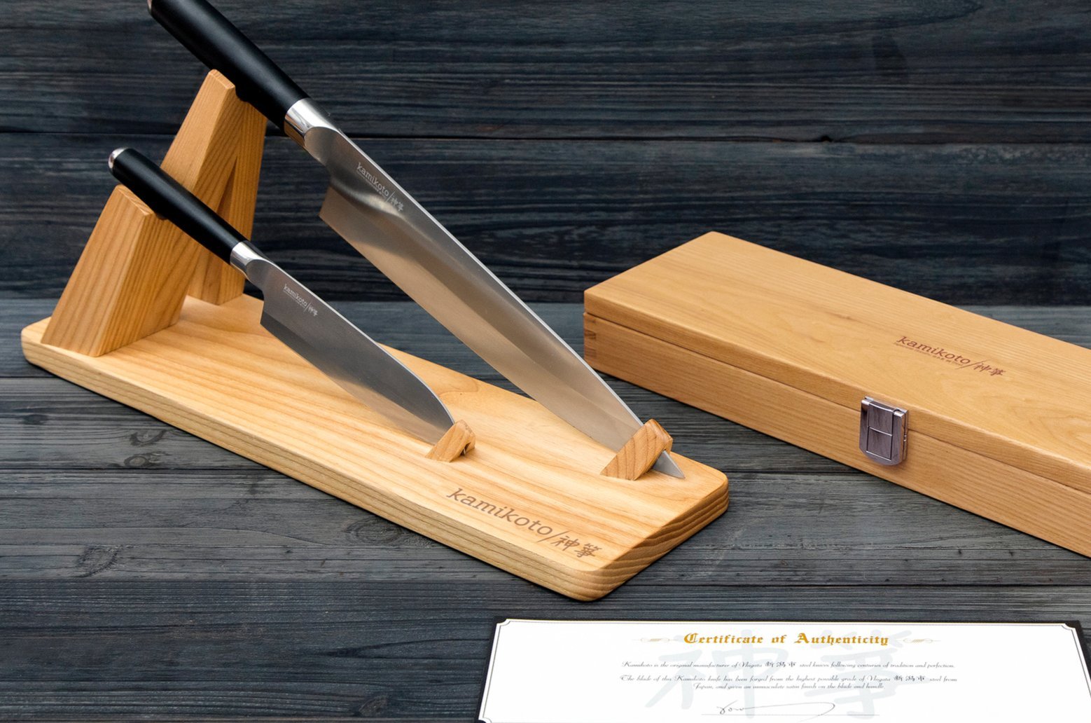 Premium Kamikoto Senshi Dual Knife Set with Wooden Display Stand - Japanese Chef Knives for Professional Cooking & Home Kitchen Use - Perfect for Slicing, Dicing & Food Preparation