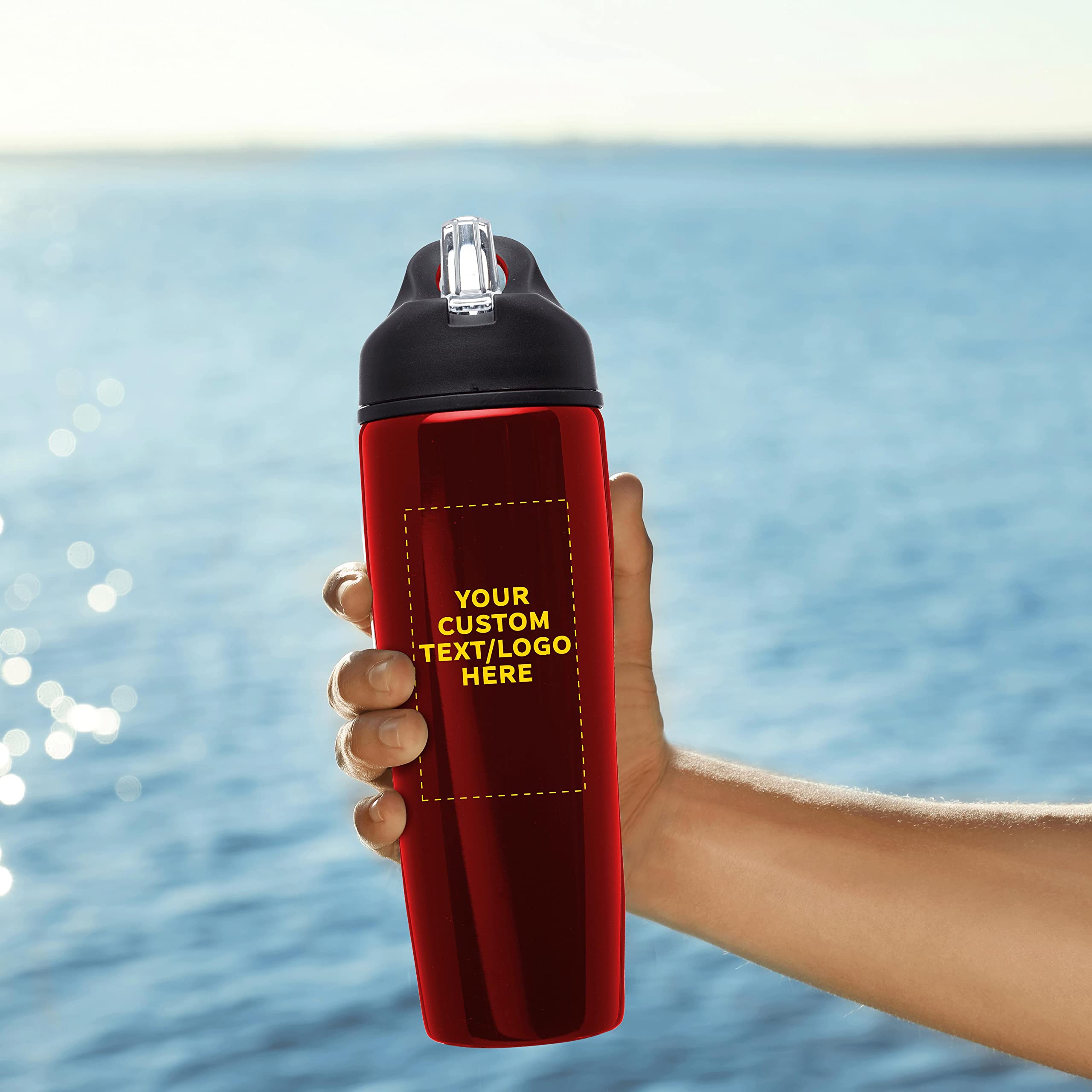 Custom Stainless Steel Water Bottles 24 Pack - Personalized Text & Logo - 28.5 oz Metal Sports Bottles with Flip Top Lid - Easy Carry Handle - Bulk Promotional Gift for Gym, Office, Team Events (Red)