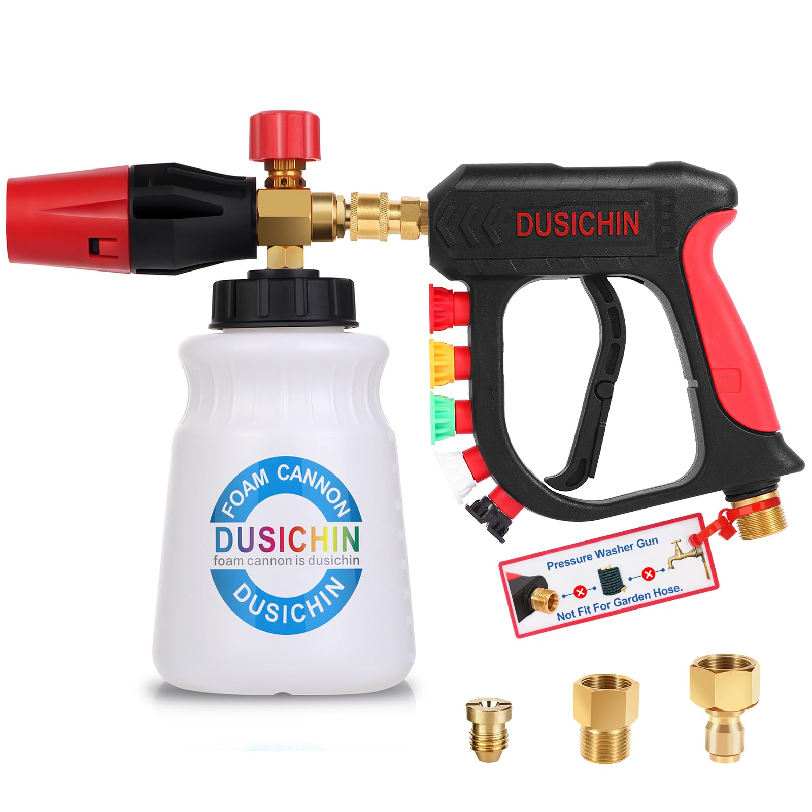 DUSICHIN Foam Cannon for Pressure Washer - 1/4 Inch Quick Connect Car Wash Foam Gun with 5 Nozzle Tips (3/8'' Swivel) & 1.04mm Orifice Nozzle - Ideal for Car Washing, Driveway Cleaning, and Home Exterior Maintenance