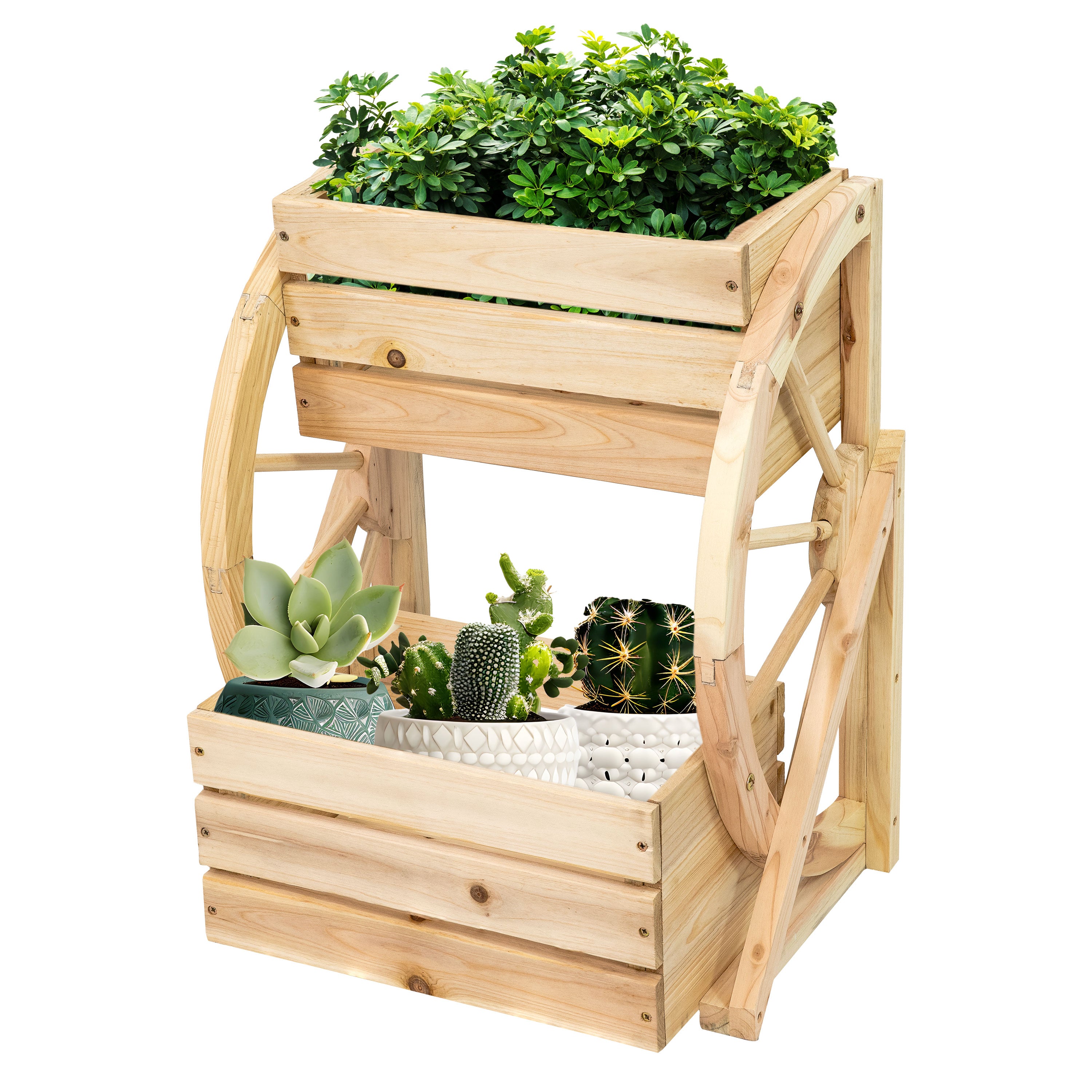 Rustic Wood Wagon Wheel 2-Tier Plant Stand for Indoor & Outdoor Decor - Perfect for Patio, Garden, or Farmhouse Style Home
