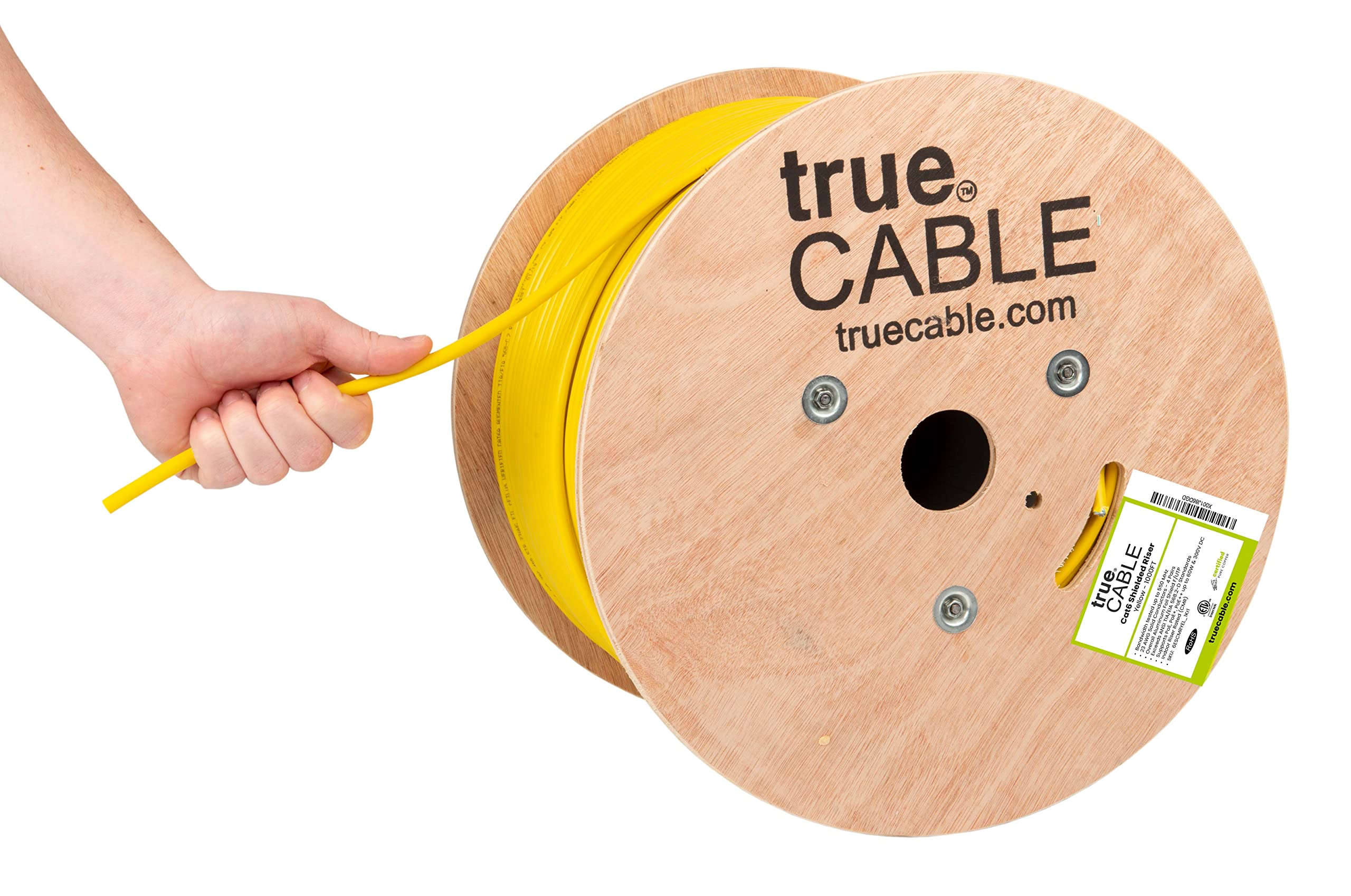 trueCABLE Cat6 Shielded Riser (CMR) Bulk Ethernet Cable - 1000ft Yellow, 23AWG Solid Bare Copper, 550MHz, PoE++ (4PPoE), ETL Listed, F/UTP Shield - Ideal for Office Networks, Data Centers & High-Speed Internet Installations