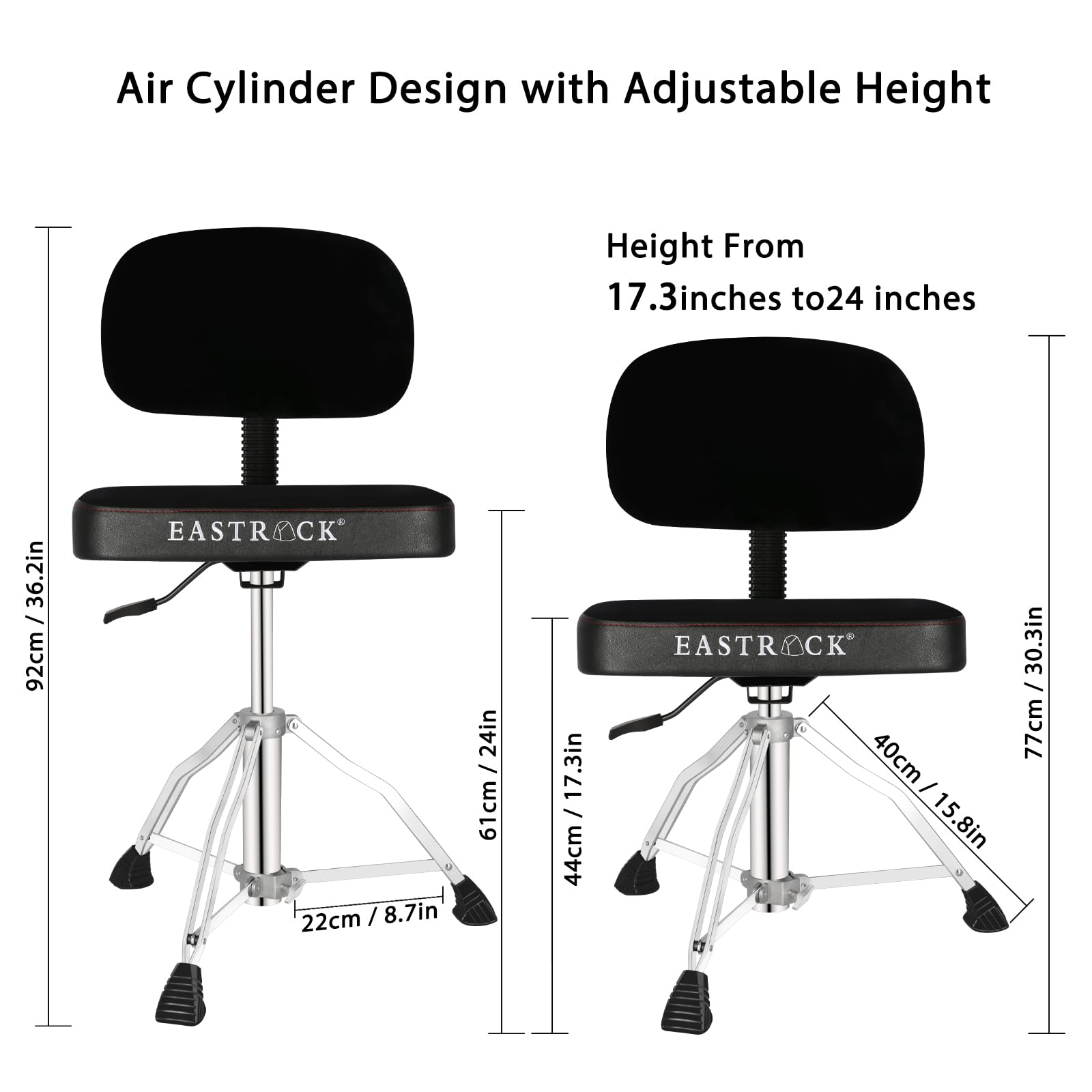 EASTROCK Heavy Duty Adjustable Drum Throne with Backrest - Rotatable & Height Adjustable Square Drum Seat for Drummers - Perfect for Home Studios, Live Performances & Practice Sessions (Square Black)