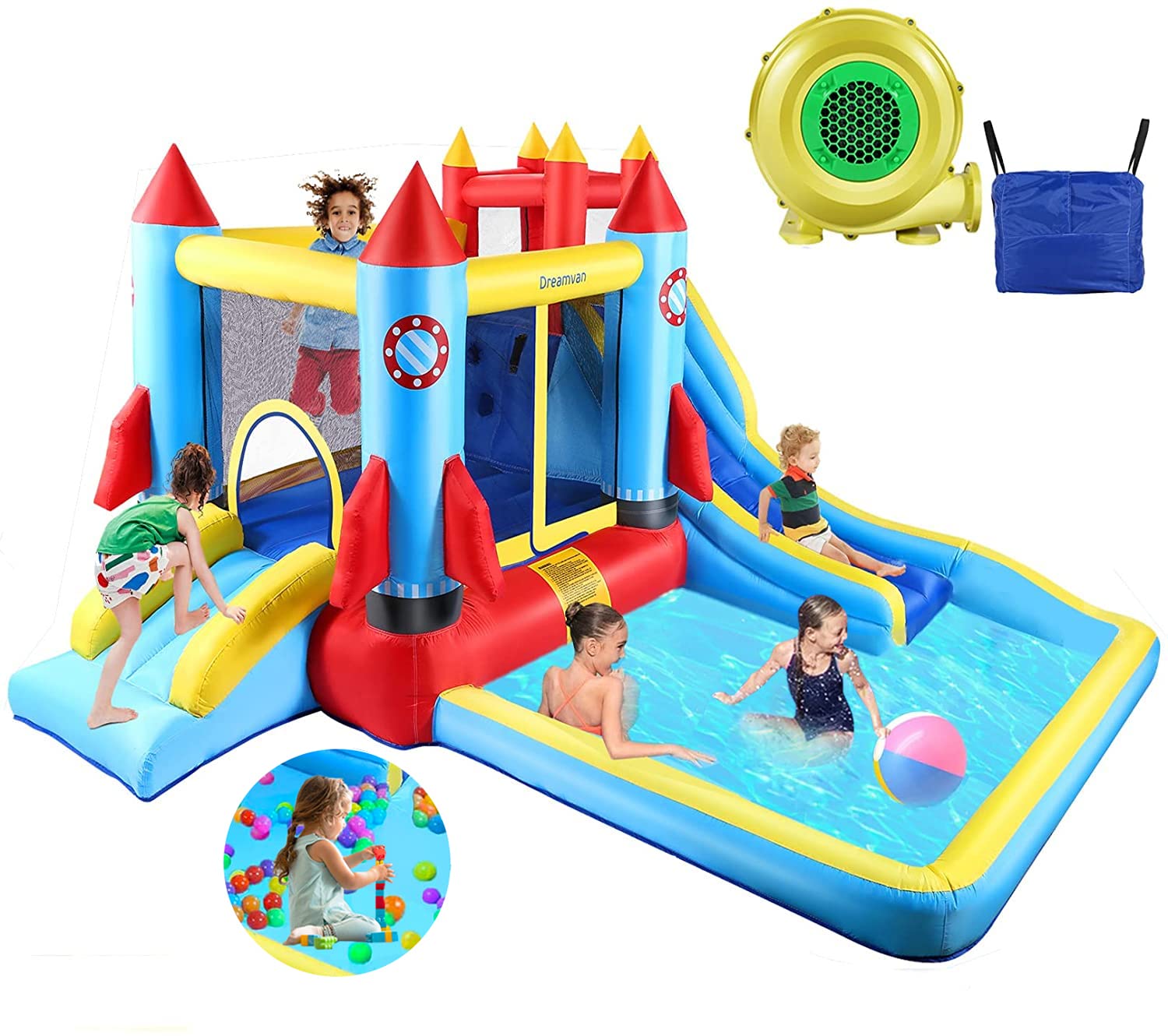 WOOKRAYS Inflatable Bounce House with Blower - Kids Bouncy Castle with Big Slide, Large Jumping Area, 2 Long Slides, Climbing Wall & Splash Pool - Indoor/Outdoor Playhouse for Children Ages 3-12 | Perfect for Birthday Parties, Backyard Fun & Summer Water Play