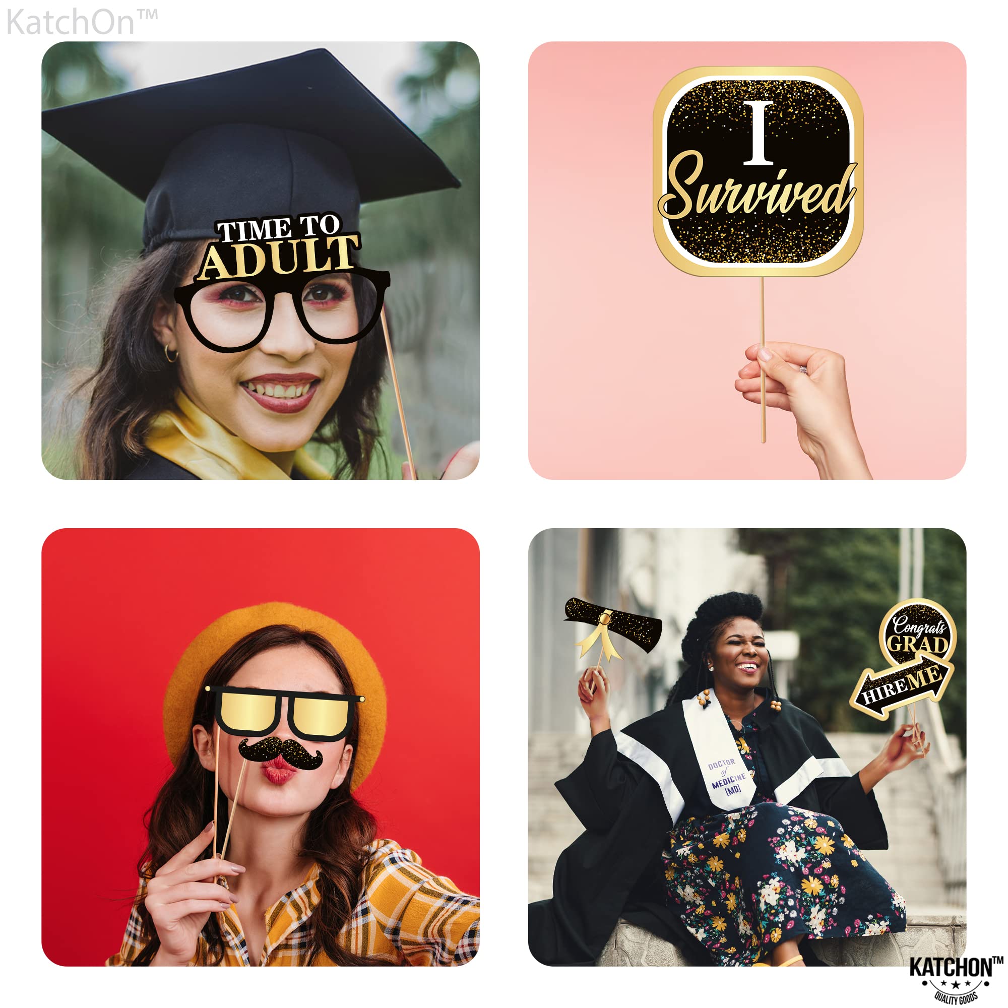 KatchOn 33-Piece Black & Gold Graduation Photo Booth Props Kit - Class of 2025 Decorations for Grad Parties, Commencement Celebrations & Senior Year Memories