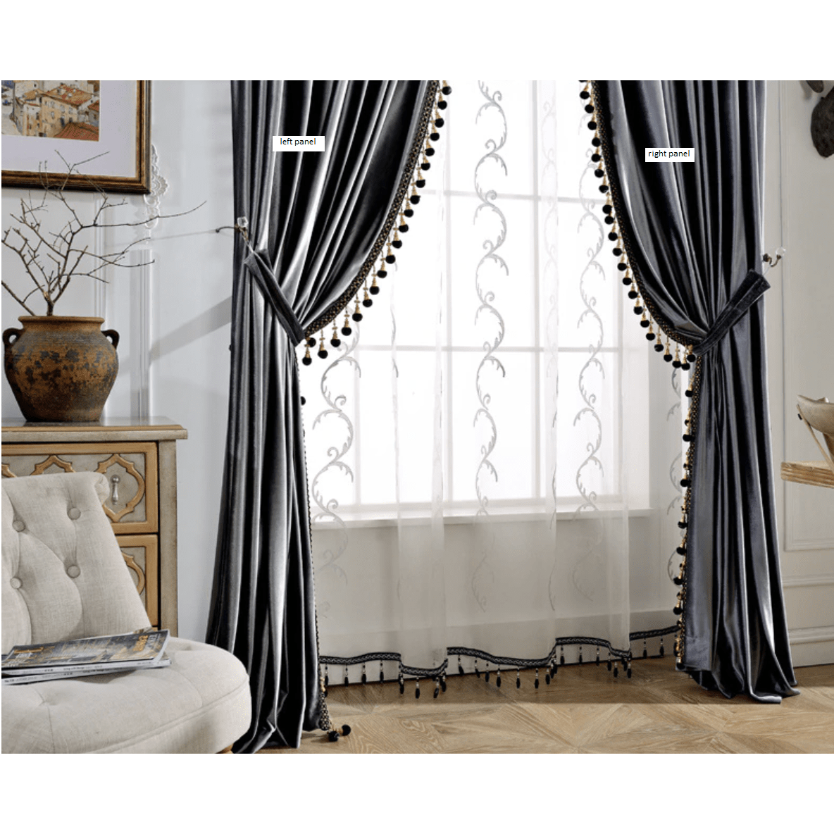 Luxury Blackout Velvet Curtains with Tassel Trim - Charcoal Gray for Bedroom & Living Room Window Treatment