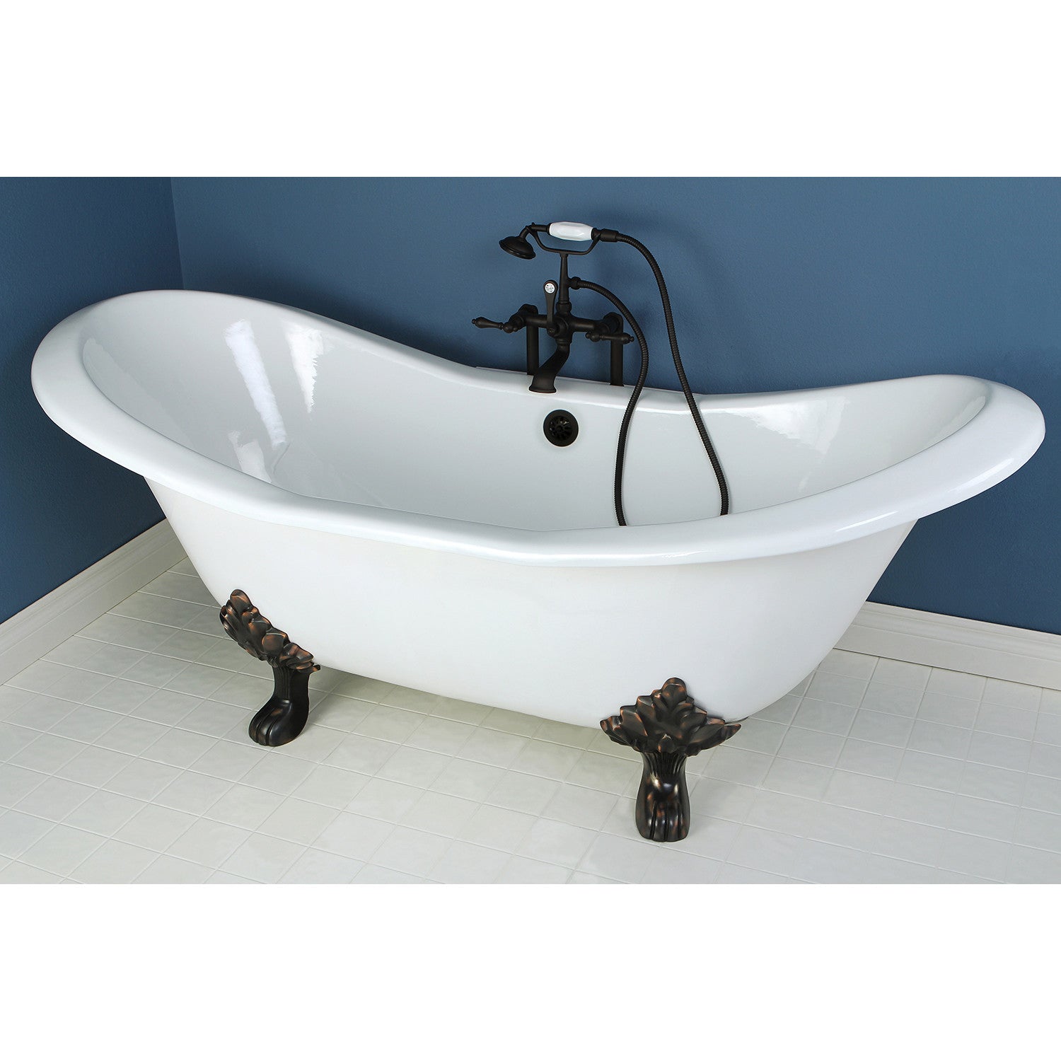 72 Inch White Cast Iron Clawfoot Bathtub - Oval Double Slipper Design with Oil Rubbed Bronze Feet | Vintage Freestanding Soaking Tub for Bathroom Remodel & Spa Relaxation