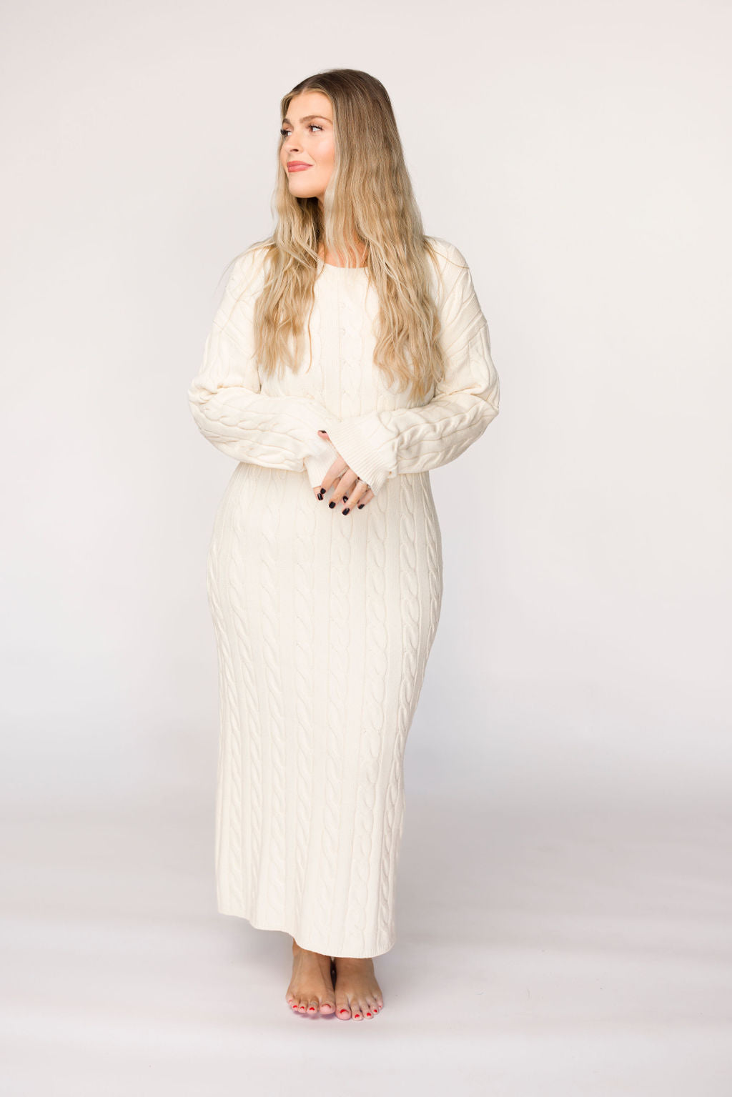 Winslet Cream Cable Knit Maxi Dress for Women - Soft & Comfortable Long Knitted Dress - Perfect for Fall, Winter, Casual Outings & Holiday Parties