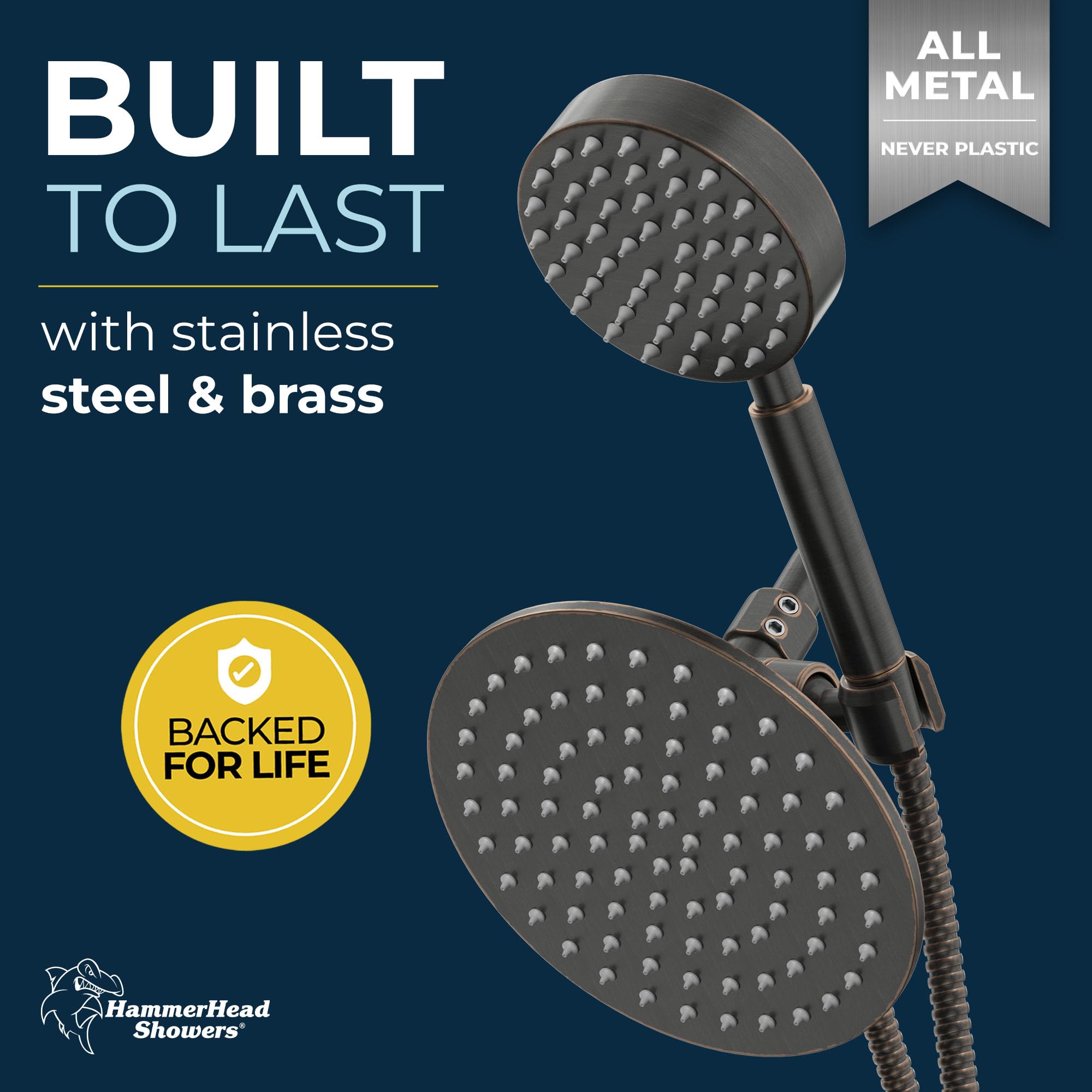 HammerHead Showers® ALL METAL Dual Shower Head Combo - Oil Rubbed Bronze Finish - 8 Inch Rainfall Shower Head & High Pressure Handheld Shower with 6ft Hose - Luxury Hotel Style Bathroom Upgrade for Spa-Like Experience