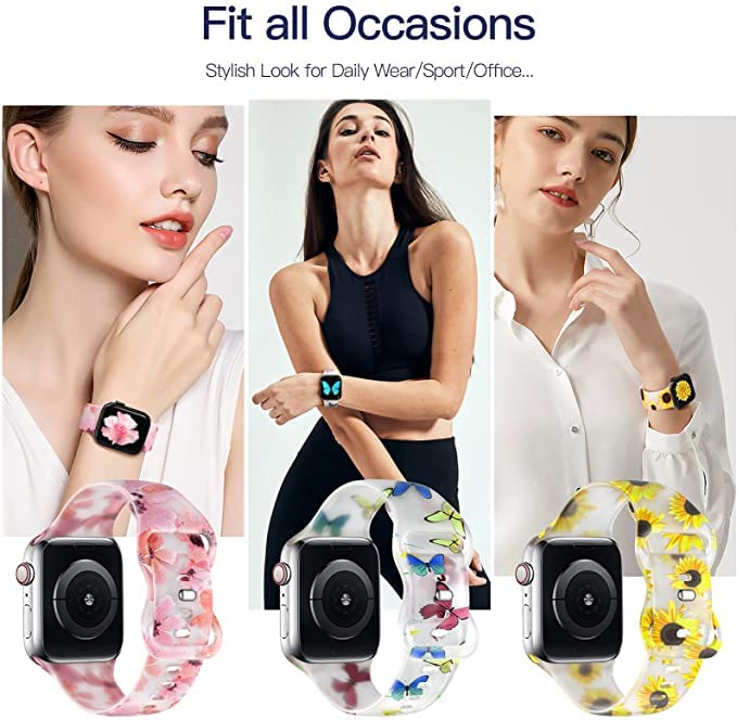 Witzon Cute Transparent Apple Watch Bands 42mm 44mm 45mm - Soft Silicone Sport Strap Replacement for iWatch Series 7/6/5/4/3/2/1/SE - Butterfly & Sunflower Design - Perfect for Workouts, Swimming & Everyday Wear