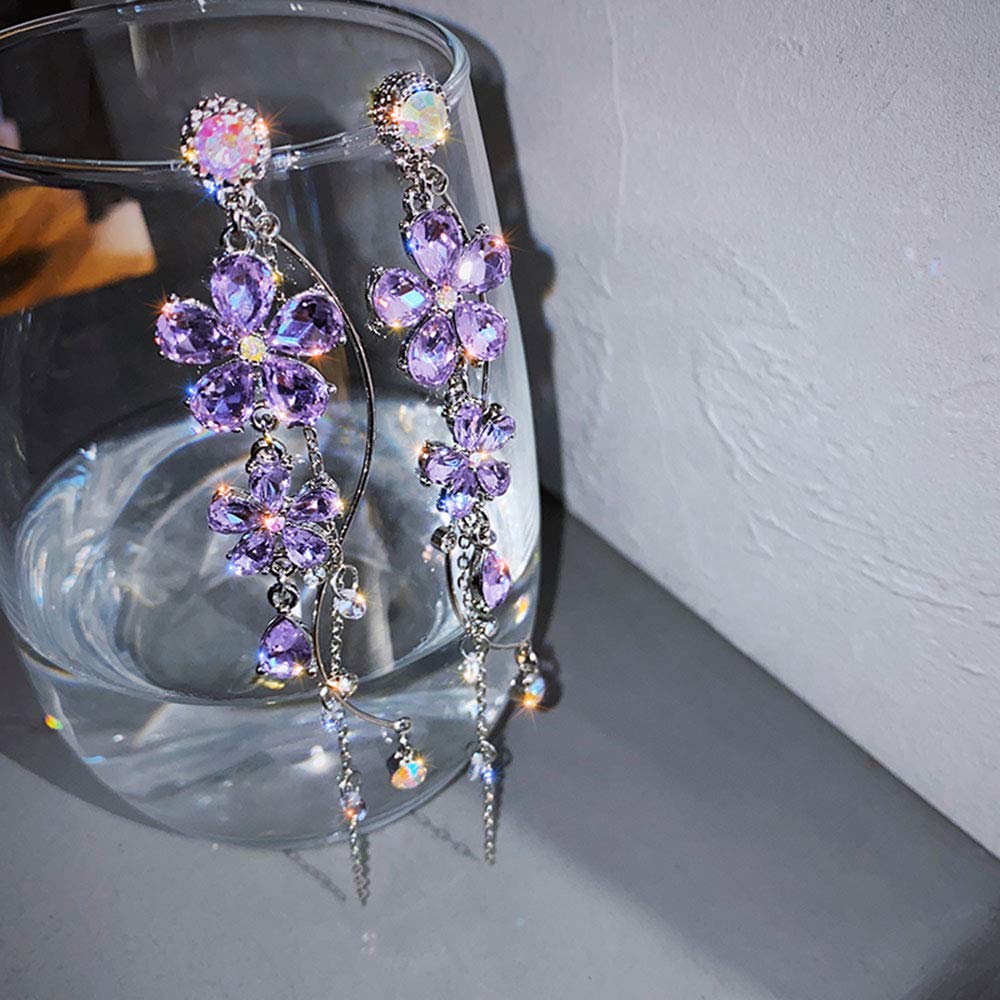 Xerling Crystal Wedding Flower Drop Earrings for Women – Elegant Long Purple Flower Tassel Dangle Earrings with Rhinestones | Perfect for Bridal, Prom, Evening Party & Special Occasions
