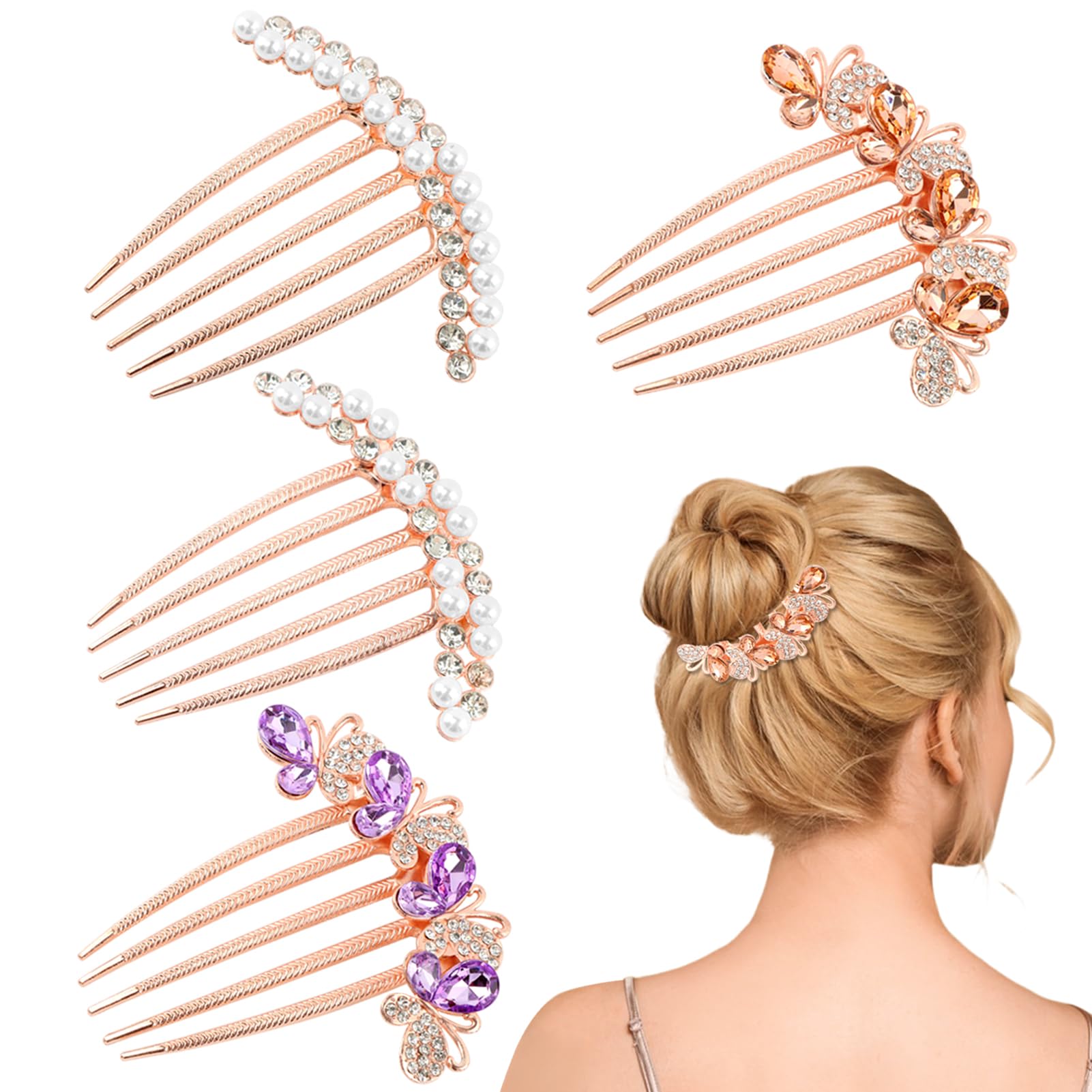 4 Pcs Pearl Rhinestone Hair Combs for Women - Rose Gold Wedding & Party Hair Accessories with Crystal Decorations - Perfect for Bridal, Prom, and Everyday Styling