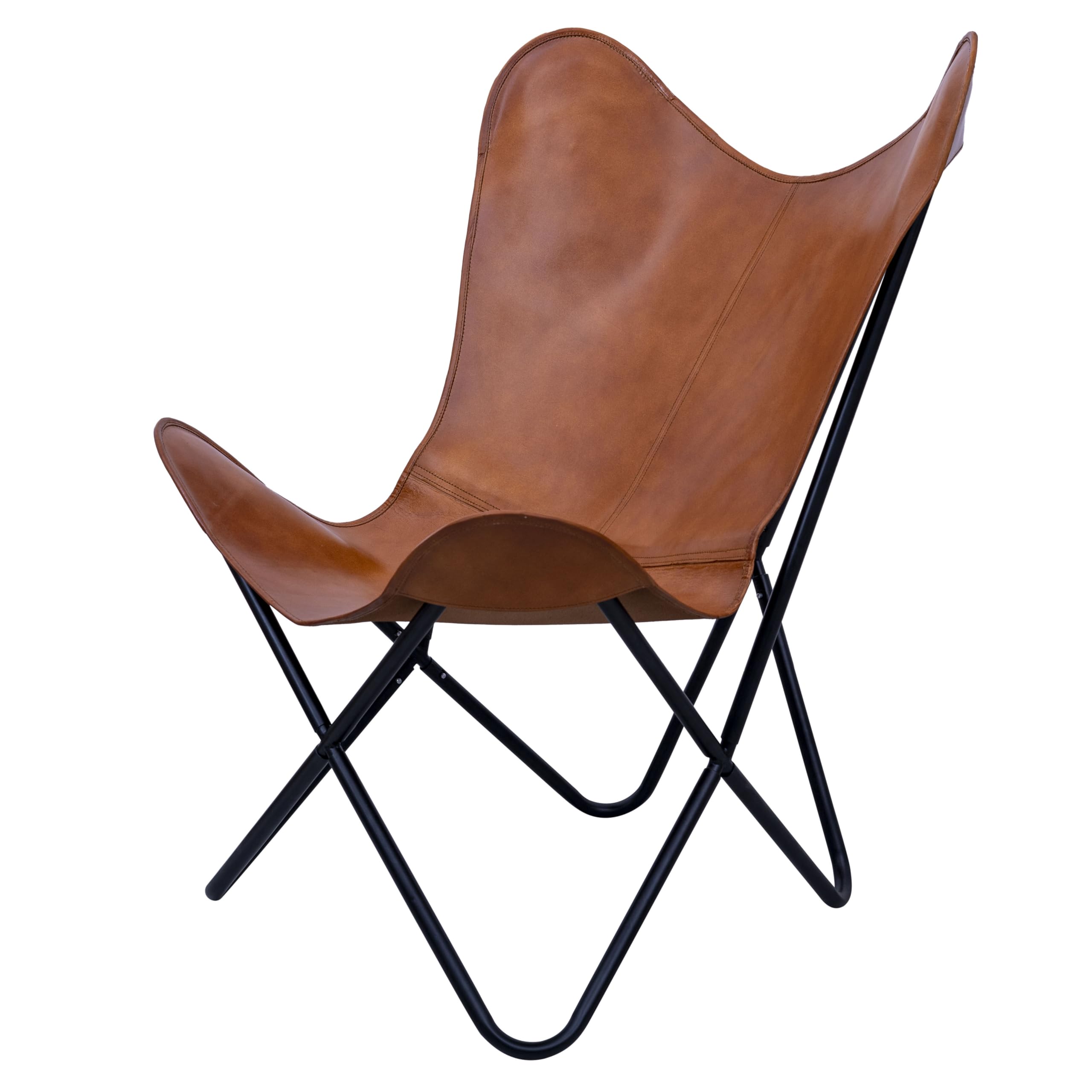 Tan Leather Butterfly Chair with Black Metal Base - Modern Living Room Accent Chair for Lounge, Patio, or Bedroom - Iron Frame & Premium Leather Cover - Stylish & Comfortable Seating
