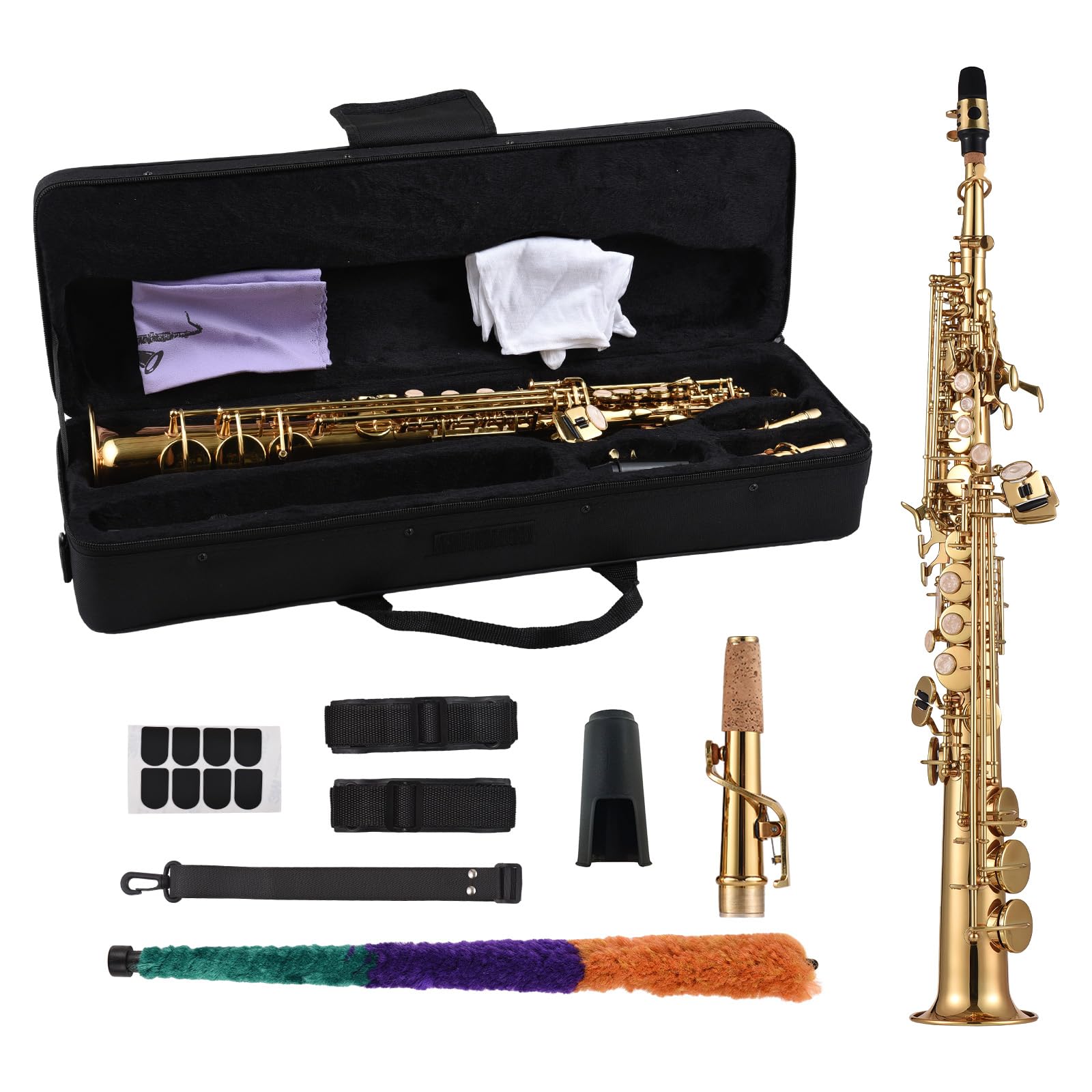 Professional Bb B Flat Soprano Saxophone - Brass Woodwind Instrument for Beginners & Pros with Natural Shell Keys, Carrying Case, Gloves, Cleaning Cloth, Straps & Rod | Perfect for Jazz, Classical & School Band Performances