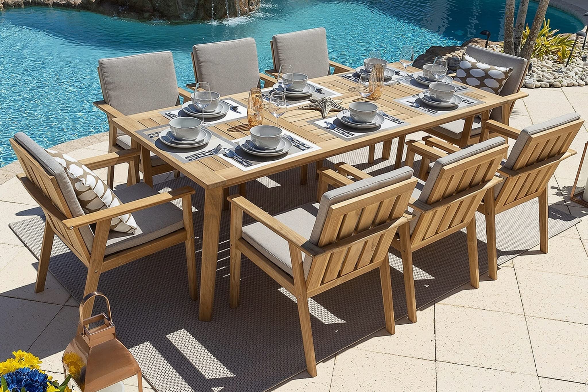 Premium 9-Piece Eucalyptus Wood Outdoor Dining Set with Table & 8 Armchairs - Patio Furniture for Backyard, Garden, Poolside & Alfresco Entertaining