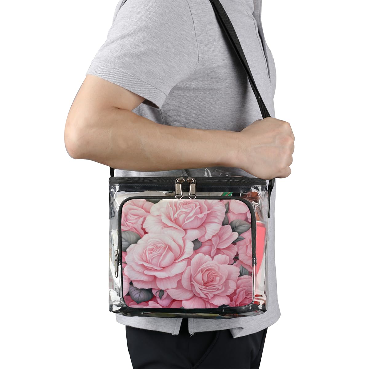 GzLeyigou Clear Transparent Tote Bag with Pink Rose Flowers - Valentine's Day Shoulder Bag for Women, Crossbody Purse for Outdoor Travel, Picnic, Concerts & Sports Events (Stadium Approved) - Perfect for Date Night, Beach Outings and Festival Accessories