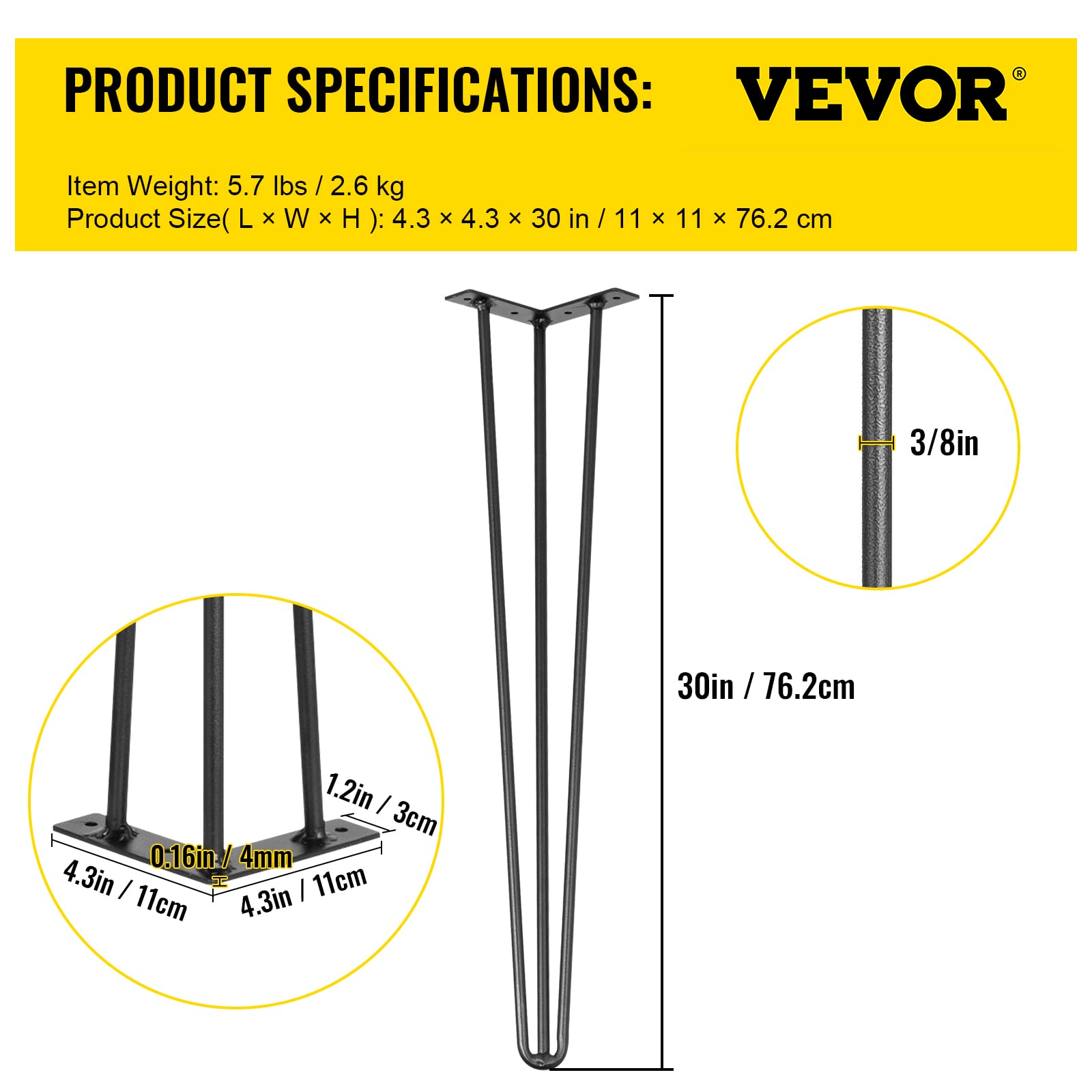 VEVOR Hairpin Table Legs 30 Inch Black Set of 4 - Heavy Duty 880lbs Load Capacity (220lbs Each) - 3 Rod Carbon Steel Desk Legs for DIY Furniture, Dining Tables, Benches & Chairs - Perfect for Home Office, Restaurant & Industrial Use
