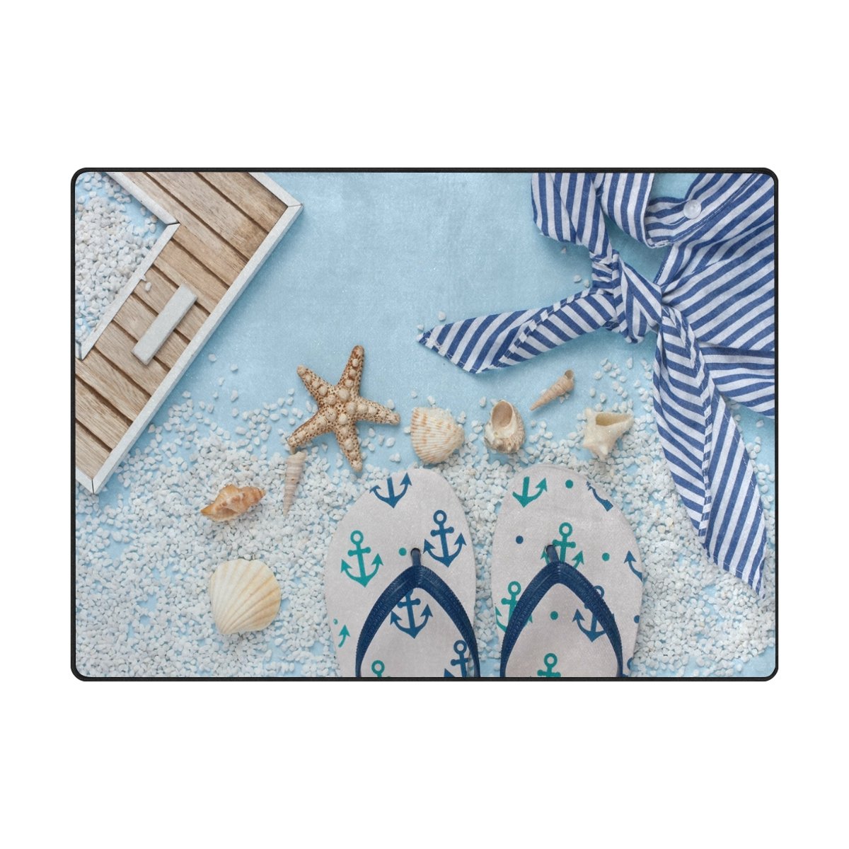 ALAZA Summer Beach Themed Area Rug with Anchor, Starfish & Seashell Design - 7' x 5' Non-Slip Living Room Bedroom Rug for Coastal Home Decor | Perfect for Beach House, Vacation Rental & Nautical Theme Rooms