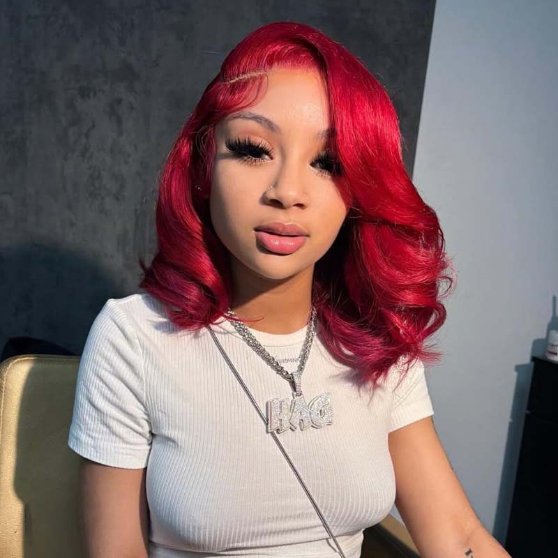 Eullair $99 Short Layered Cut Red Wavy Bob Wig with 13x4 Lace Frontal - 100% Human Hair Wig for Women | Perfect for Cosplay, Parties & Daily Fashion