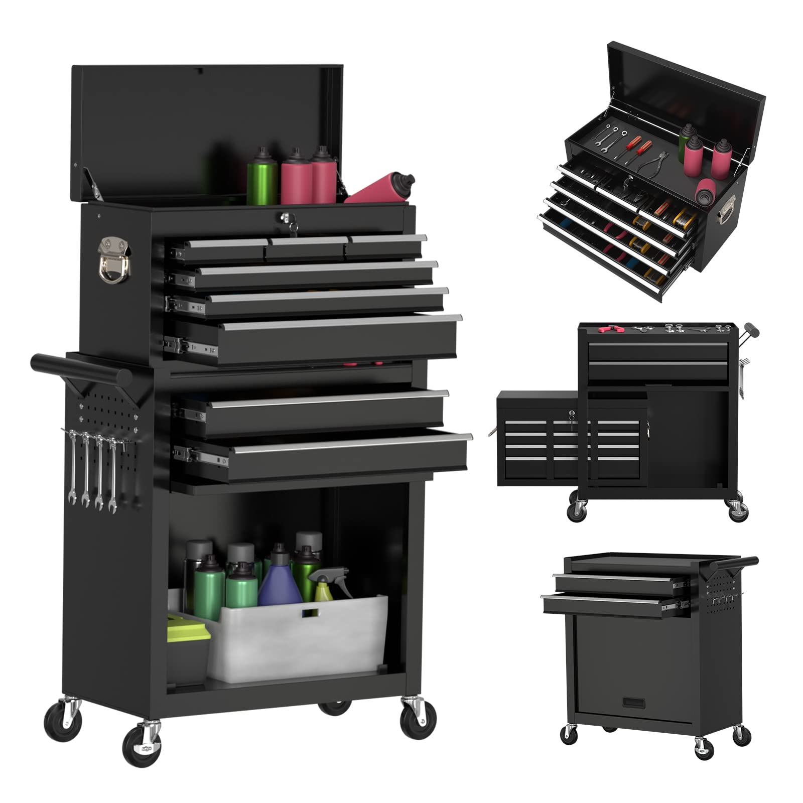 Yaciente 8-Drawer Rolling Tool Chest - Heavy Duty Mobile Tool Storage Cabinet with Lockable Drawers & Smooth Wheels - Perfect for Garage, Workshop, Auto Repair & DIY Projects (Black)