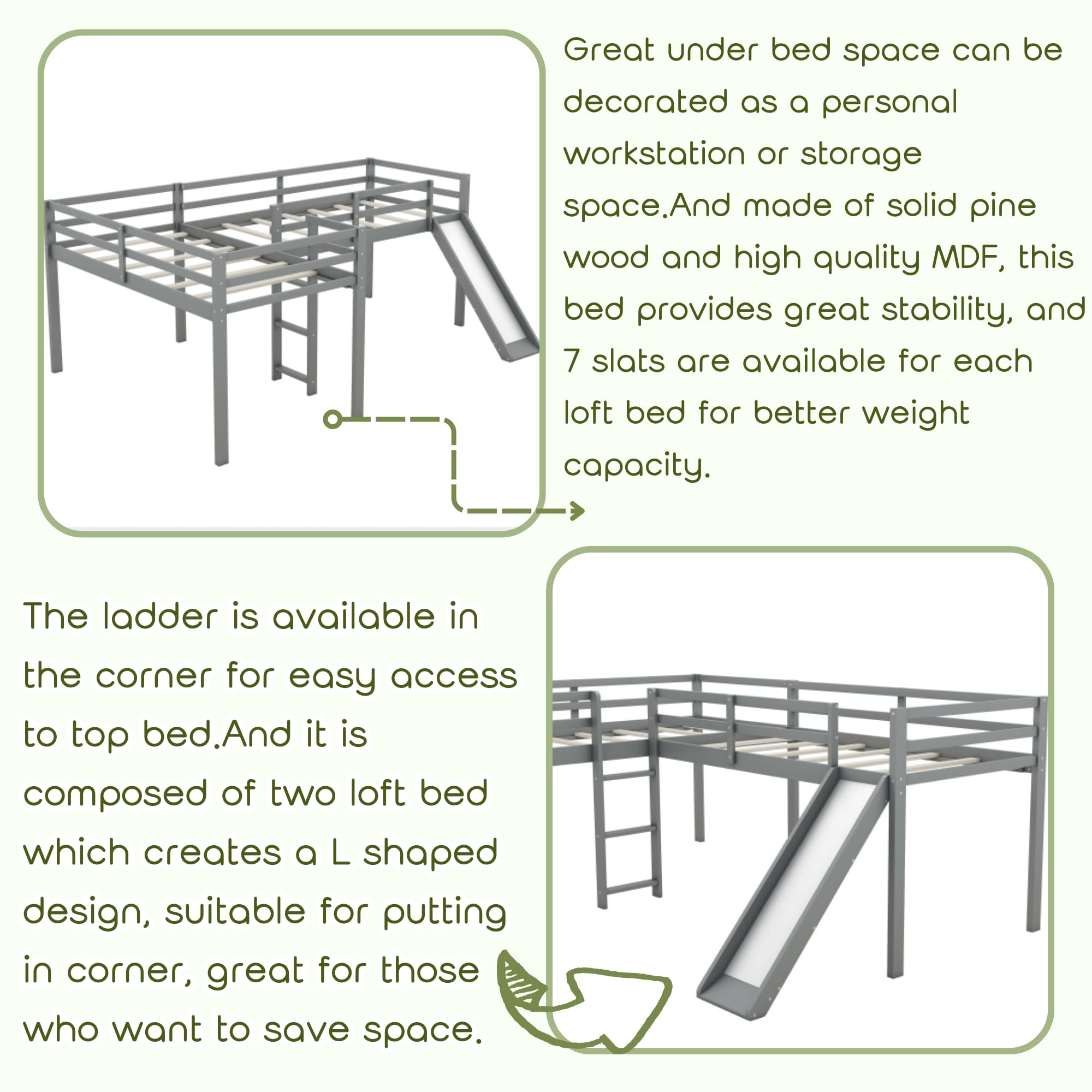 Harper & Bright Designs L-Shape Loft Beds with Slide & Ladder - Twin Size Wooden Bunk Bed Frame for 2 Kids, Space-Saving Corner Loft Bed for Girls, Boys & Teens (Grey) - Perfect for Small Bedrooms, Playrooms & Shared Kids' Rooms