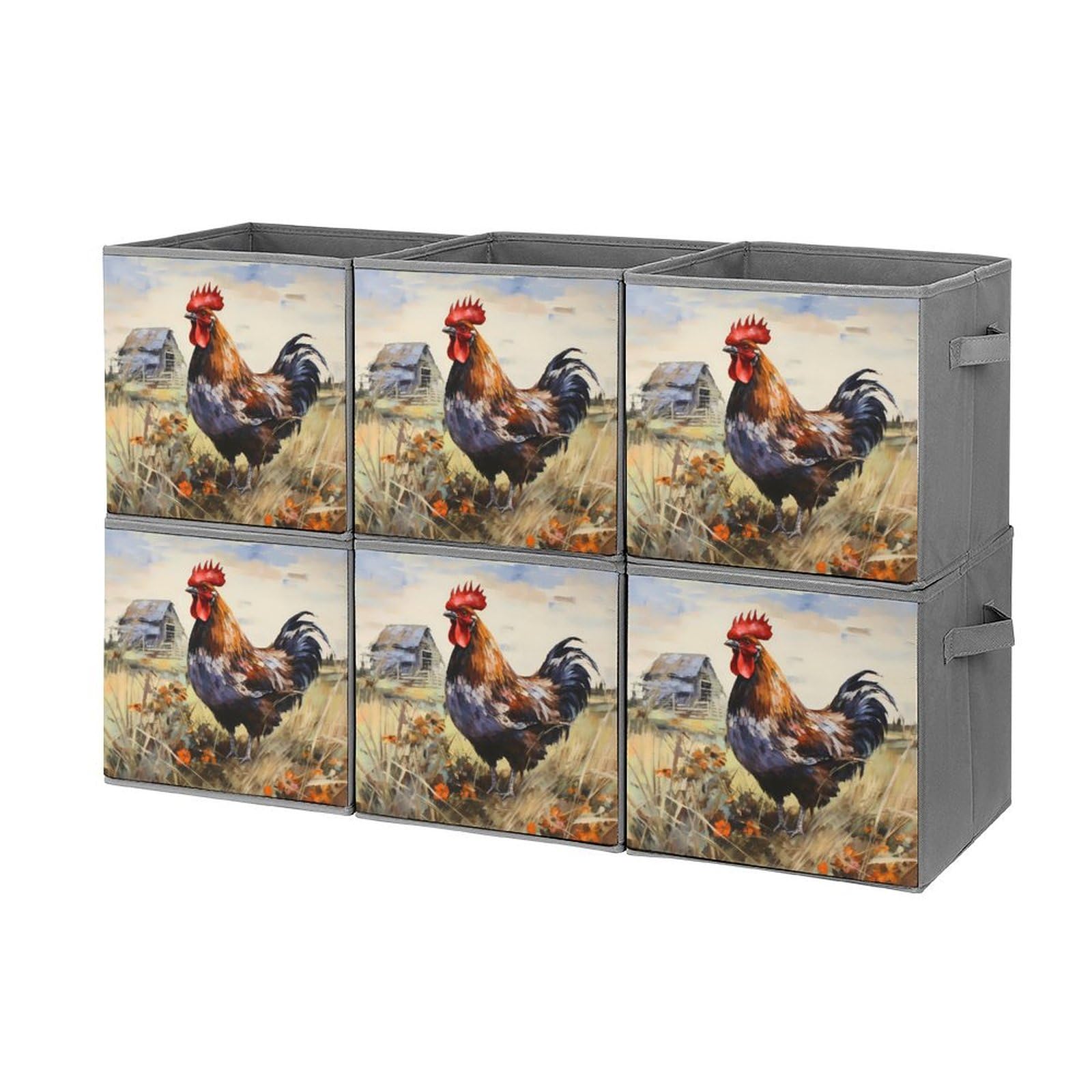 Watercolor Rooster Storage Bins - 6PC Foldable Organizers with Handles for Home Decor