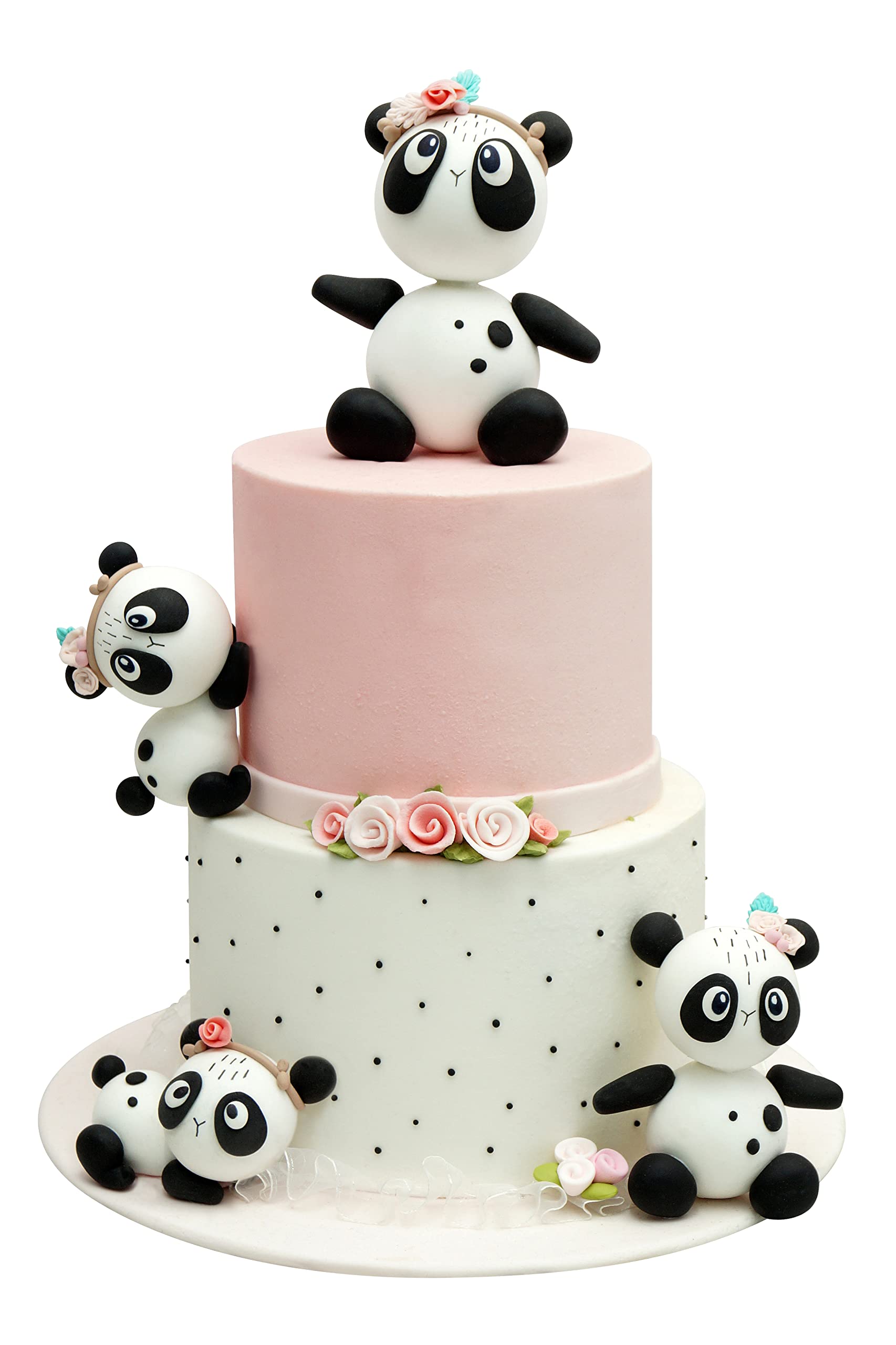 Handmade Clay Panda Cake Topper Set with Flowers - 7-Piece Panda Figurines for Birthday Cakes, Baby Showers & Special Events - Adorable Panda Cake Decorations for Wedding, Anniversary & Party Desserts