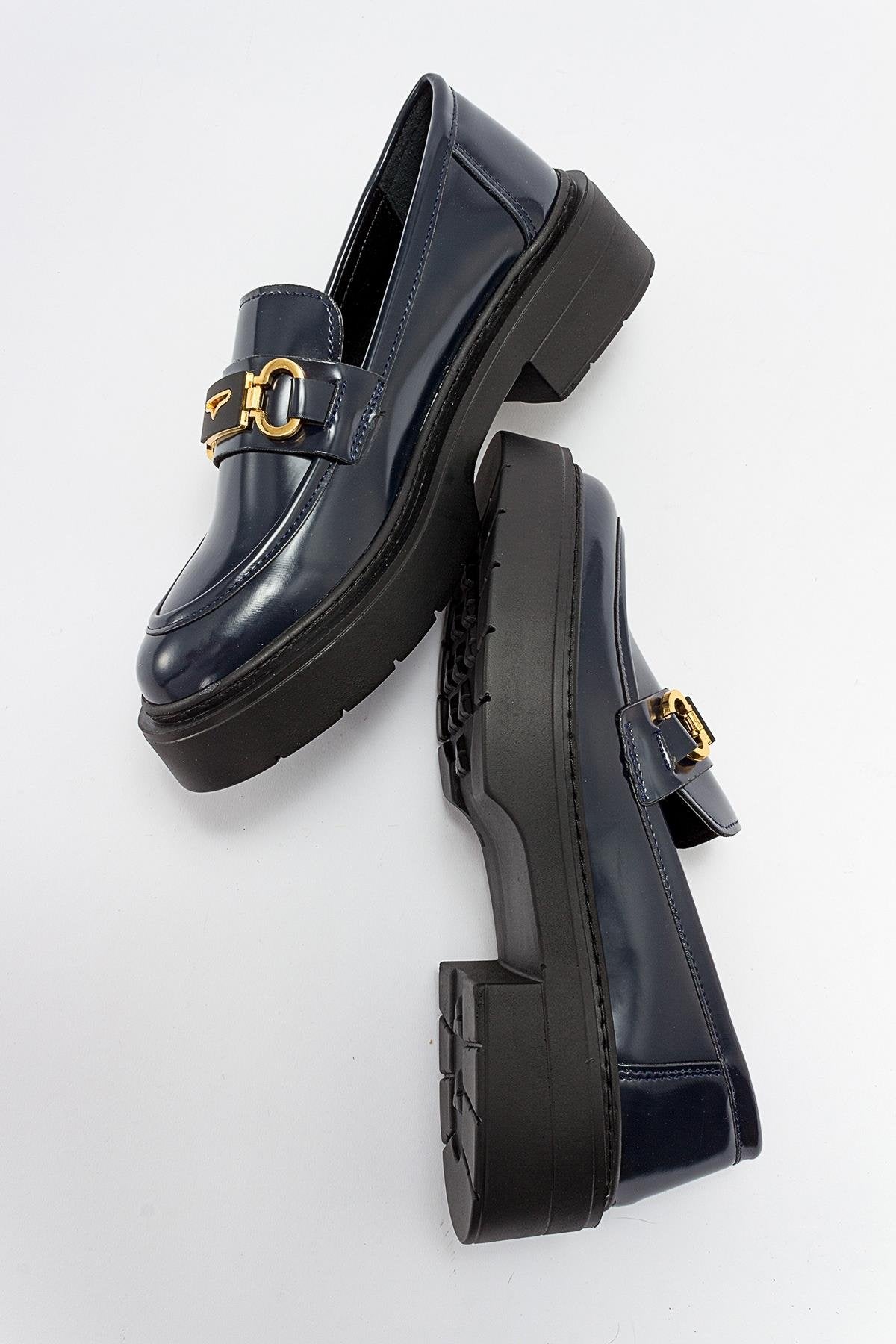 Simone Navy Patent Leather Bit Platform Loafers for Women - Stylish & Comfortable Dress Shoes for Work, Office, and Casual Outfits