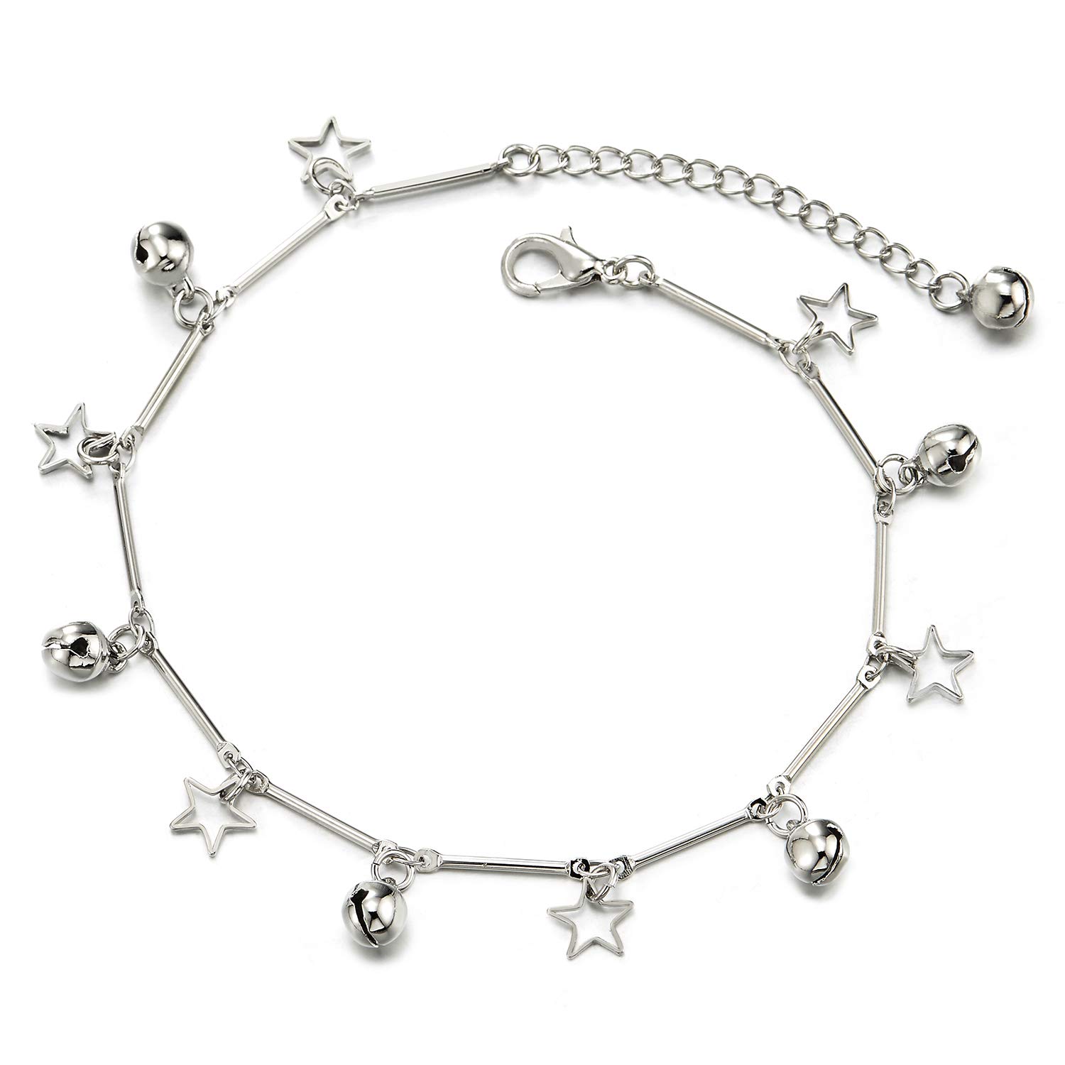 COOLSTEELANDBEYOND Adjustable Anklet Bracelet with Dangling Open Pentagram Star & Jingle Bell Charms - Perfect for Boho Fashion, Music Festivals & Everyday Layering