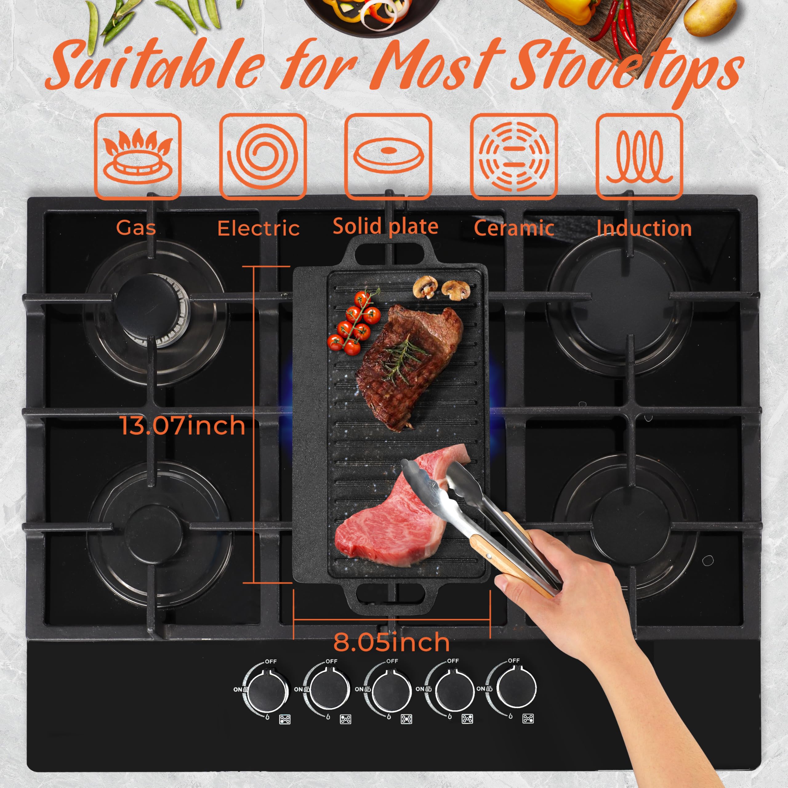13 Inch Reversible Pre-Seasoned Cast Iron Griddle Plate - Double Sided Grill Pan for Gas Stove, Oven & Campfire - Perfect for Pancakes, Steaks & Outdoor Cooking