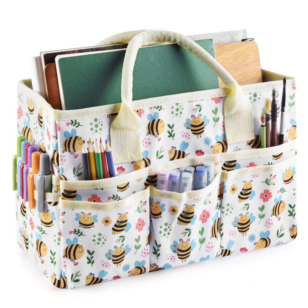 Art and Craft Organizer Tote Bag with Multiple Pockets - White Bee Design Storage Caddy for Art Supplies, Office Organization & DIY Projects | Perfect for Artists, Students & Craft Rooms