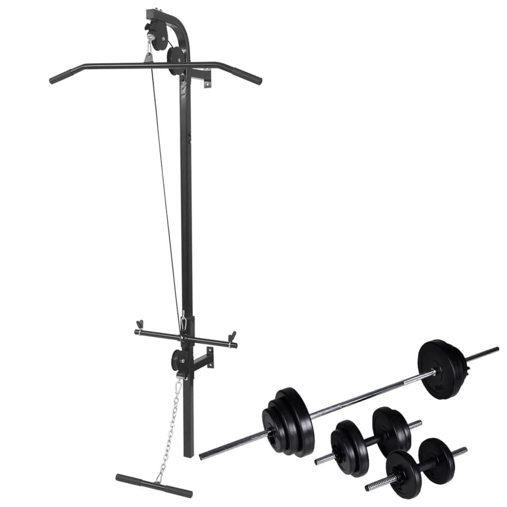 vidaXL Wall Mounted Power Tower with Barbell and Dumbbell Set - 30.5 kg Home Gym Equipment for Strength Training & Full Body Workouts - Perfect for Home Fitness, Garage Gym & Small Spaces