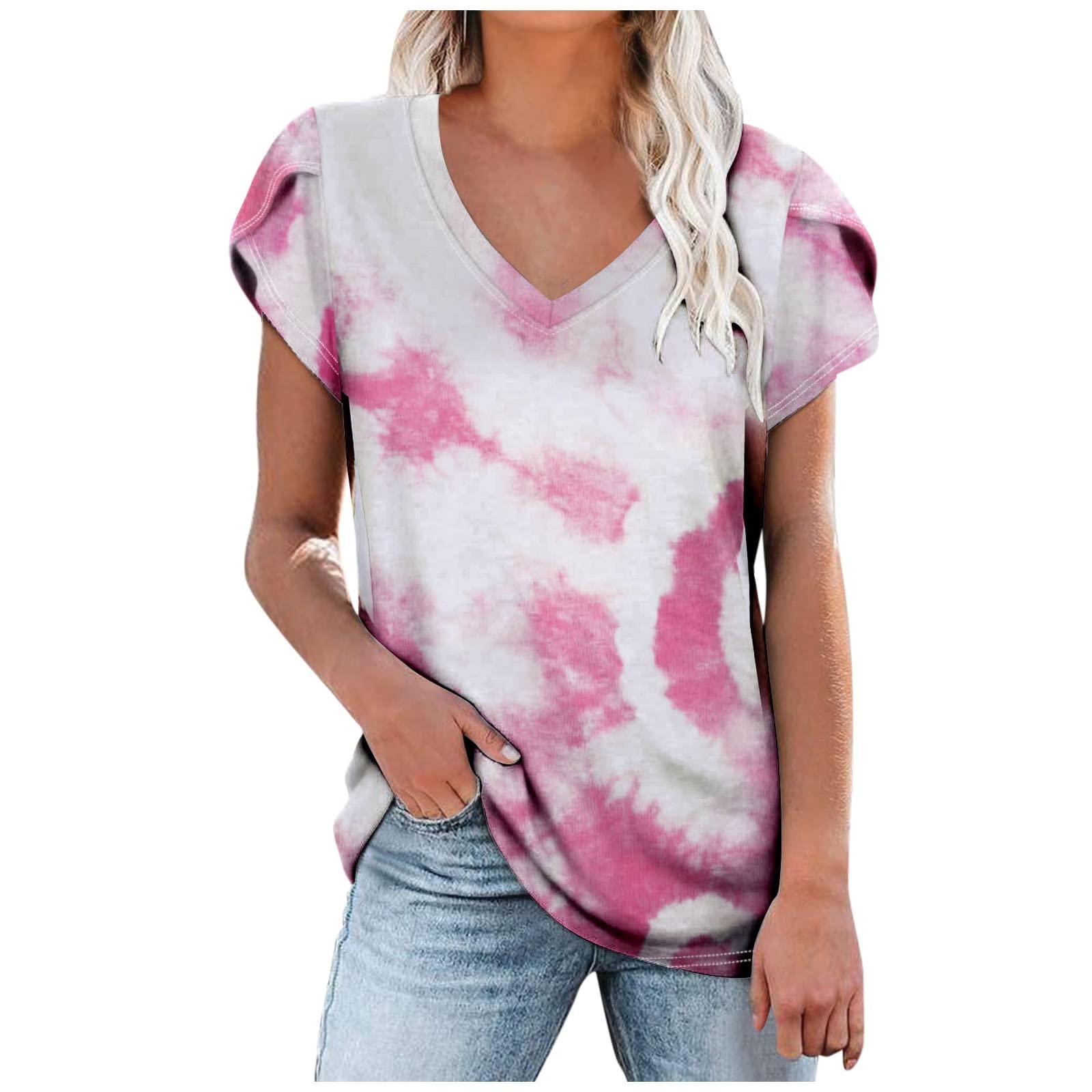 Women's Summer Tank Tops - Flowy Printed Short Sleeve V-Neck Blouse in Vintage Floral Hot Pink | Gym Wear & Casual Outfit for Women | Perfect for Workouts, Beach Days & Summer Fashion