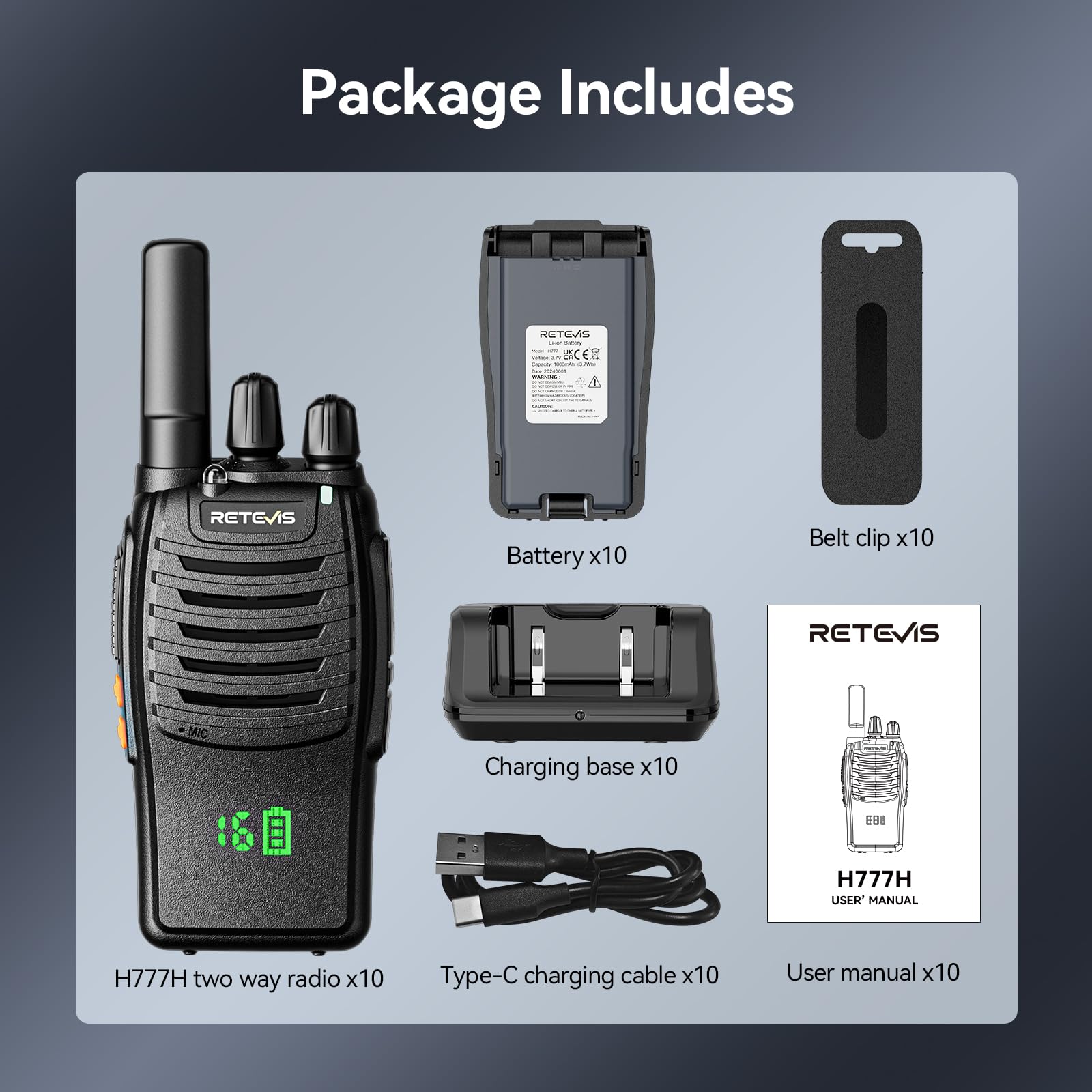 Retevis H777H Rechargeable Two-Way Radio Walkie Talkie with LCD Screen - 16 Channels, USB-C Charging, VOX, Flashlight, 1-9 Squelch Levels - Durable Walkie-Talkies for Schools, Construction, Hiking & Outdoor Activities (10-Pack, Black)