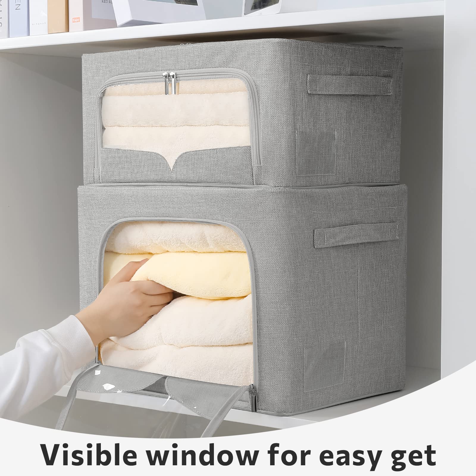 3 Pack Foldable Metal Frame Storage Bins with Clear Window & Handles - Stackable Linen Fabric Organizer Box for Clothes, Toys, or Home Organization (Light Gray, 15.7x11.8x7.8 Inches, 22L) - Perfect for Closet, Nursery, or Office Storage
