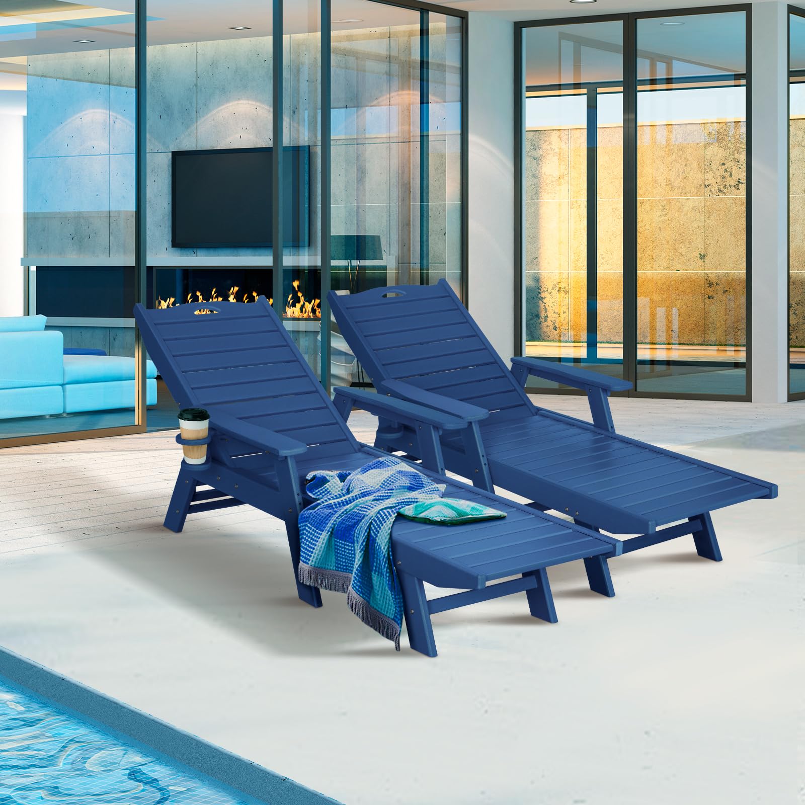5-Position Adjustable HDPE Chaise Lounge Chair for Outdoor, Patio, Poolside & Beach - Supports 400 LBS - Navy Blue - Perfect for Sunbathing, Relaxing by the Pool or Backyard Lounging